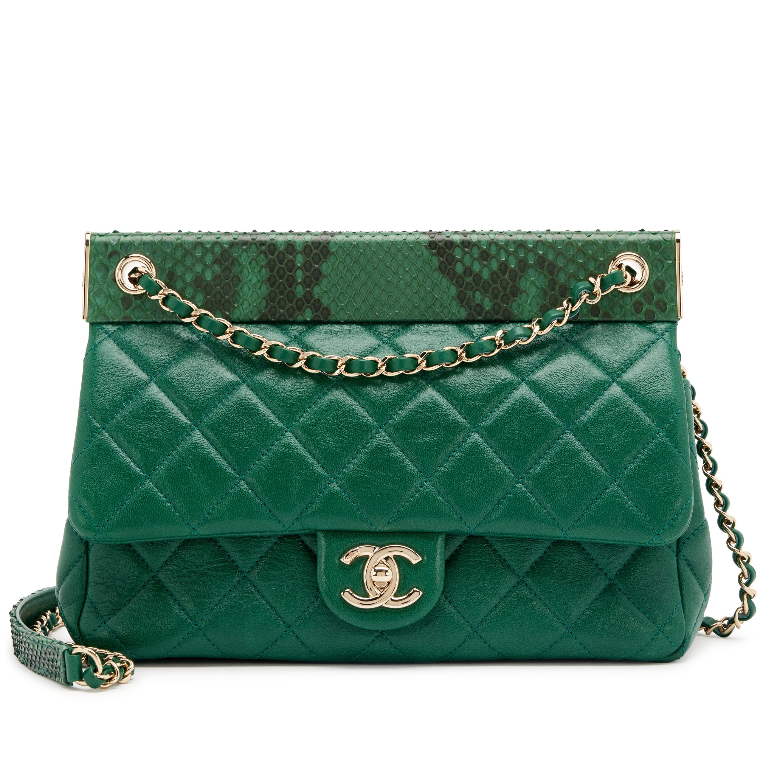 Green Lambskin and Snakeskin Quilted Frame Flap Bag Gold Hardware, 2018