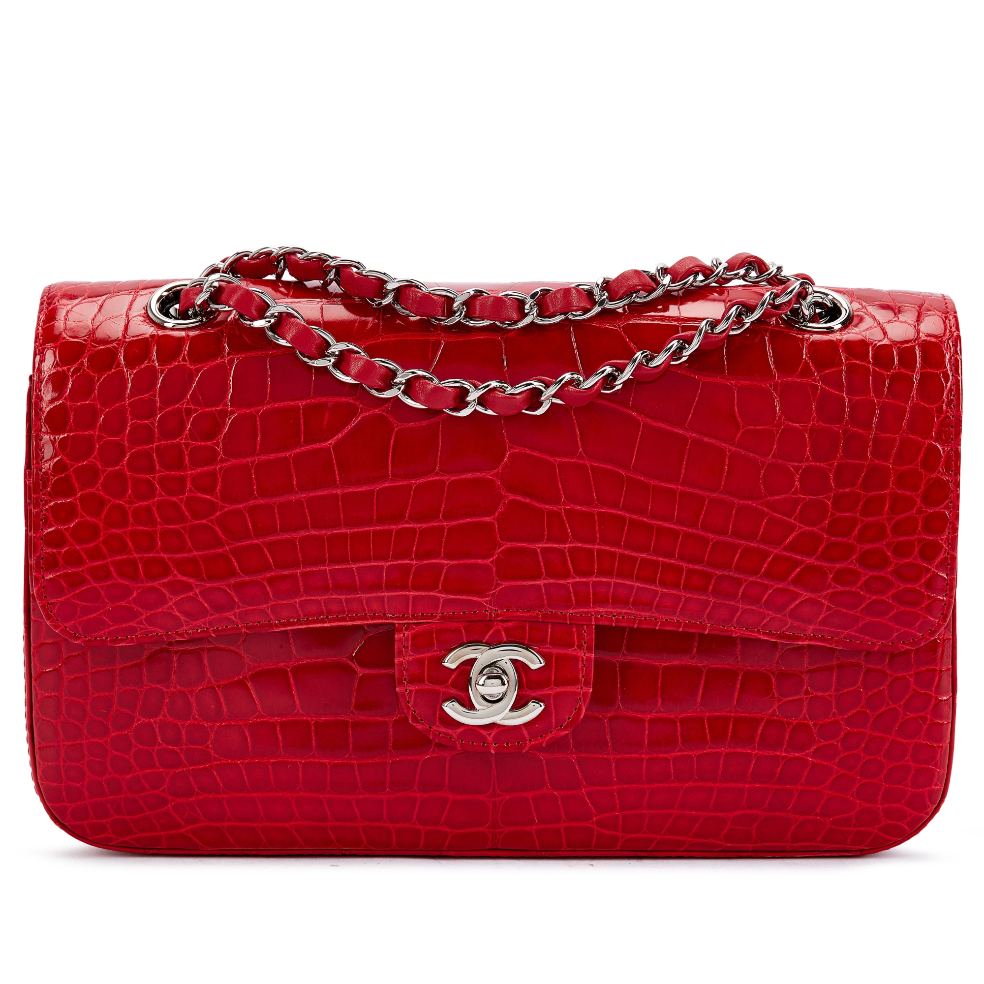 Red Shiny Alligator Timeless Classic Double Flap Bag Silver Hardware, 2014-15