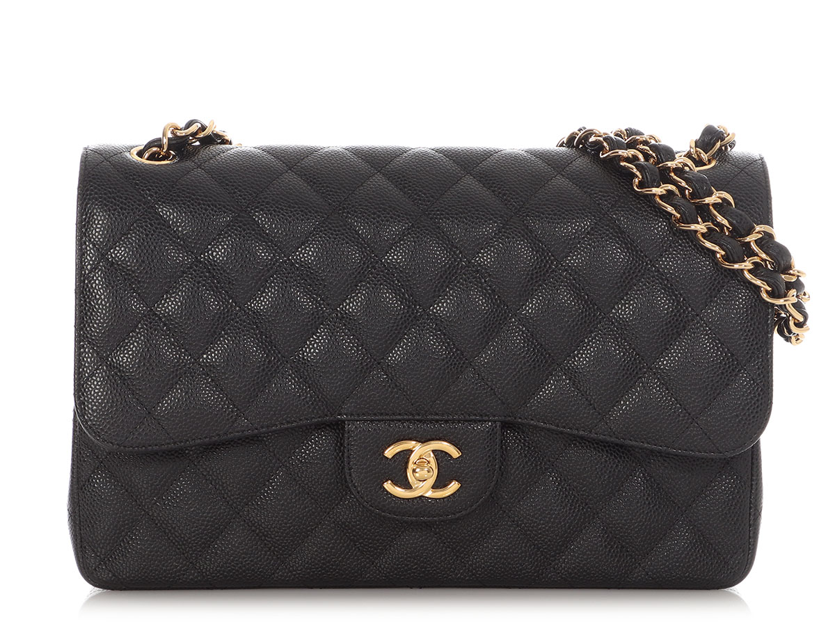 Black Quilted Caviar Jumbo Classic Double Flap Bag Gold Hardware, 2017