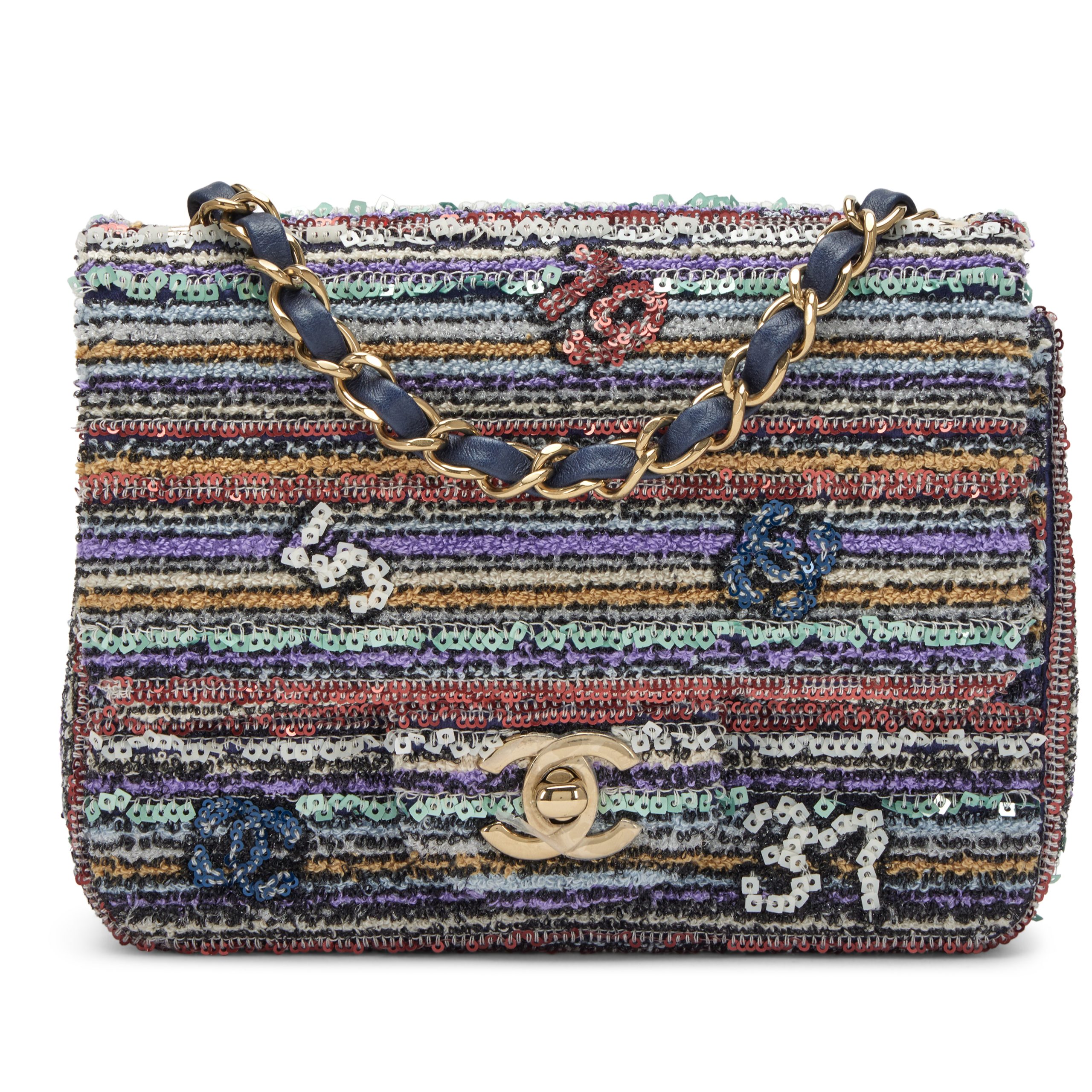 Multicolor Sequin Mini Square Half Flap Bag Pale Gold Hardware, 2023