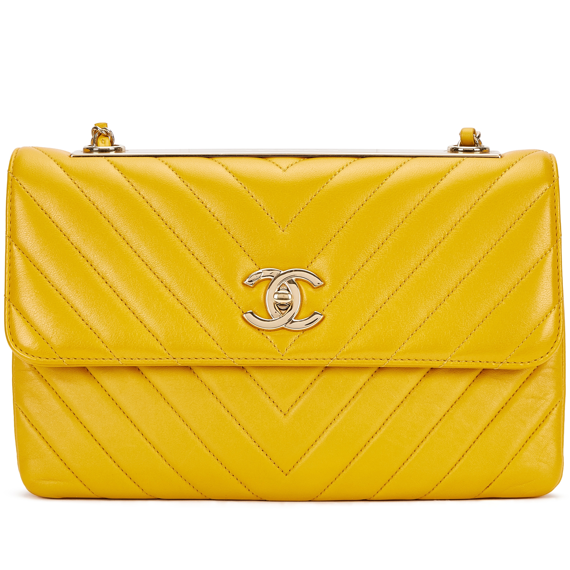 Yellow Chevron Calfskin Flap Bag Pale Gold Hardware, 2019