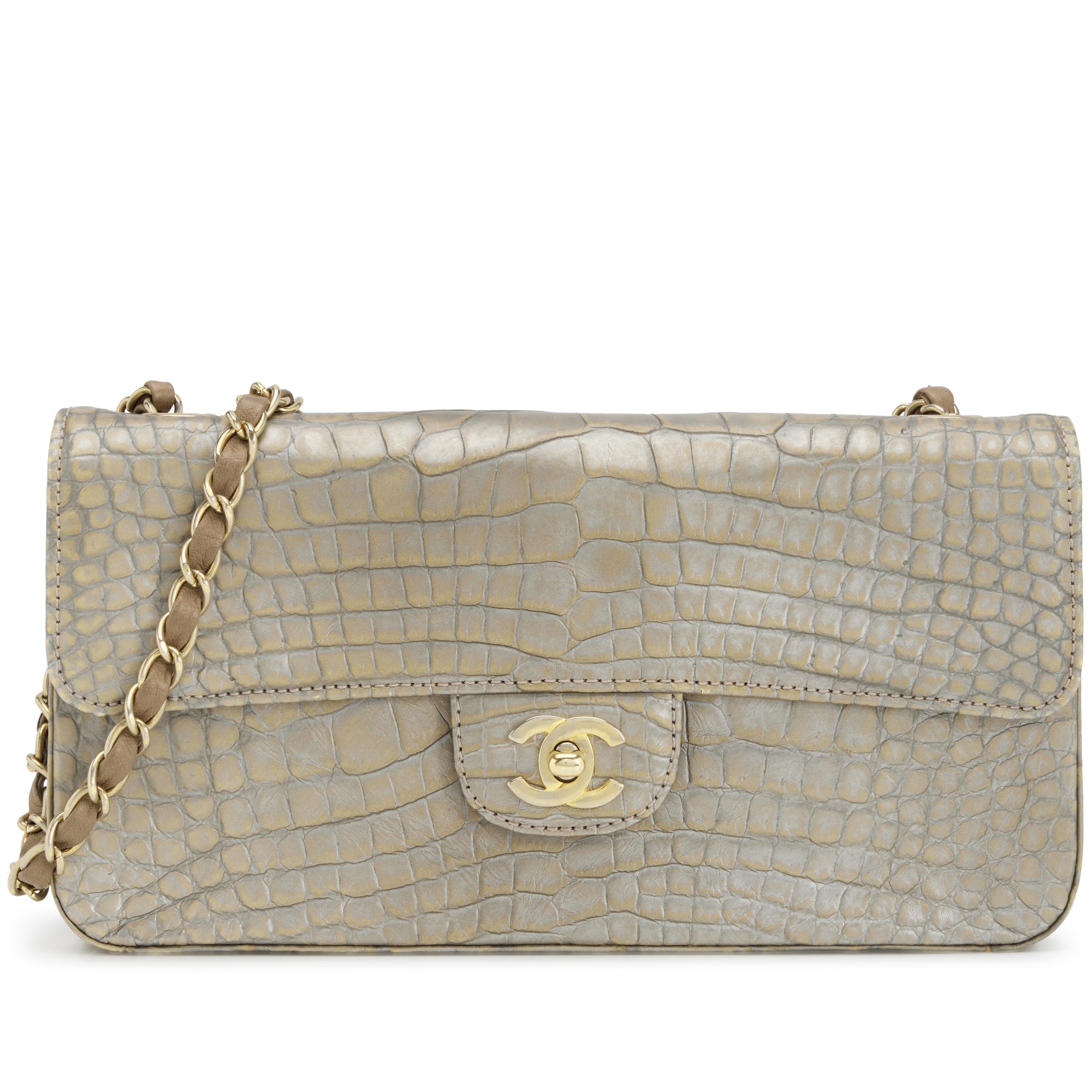 Metallic Silver and Taupe Alligator East West Classic Flap Bag Aged Gold Hardware, 2008