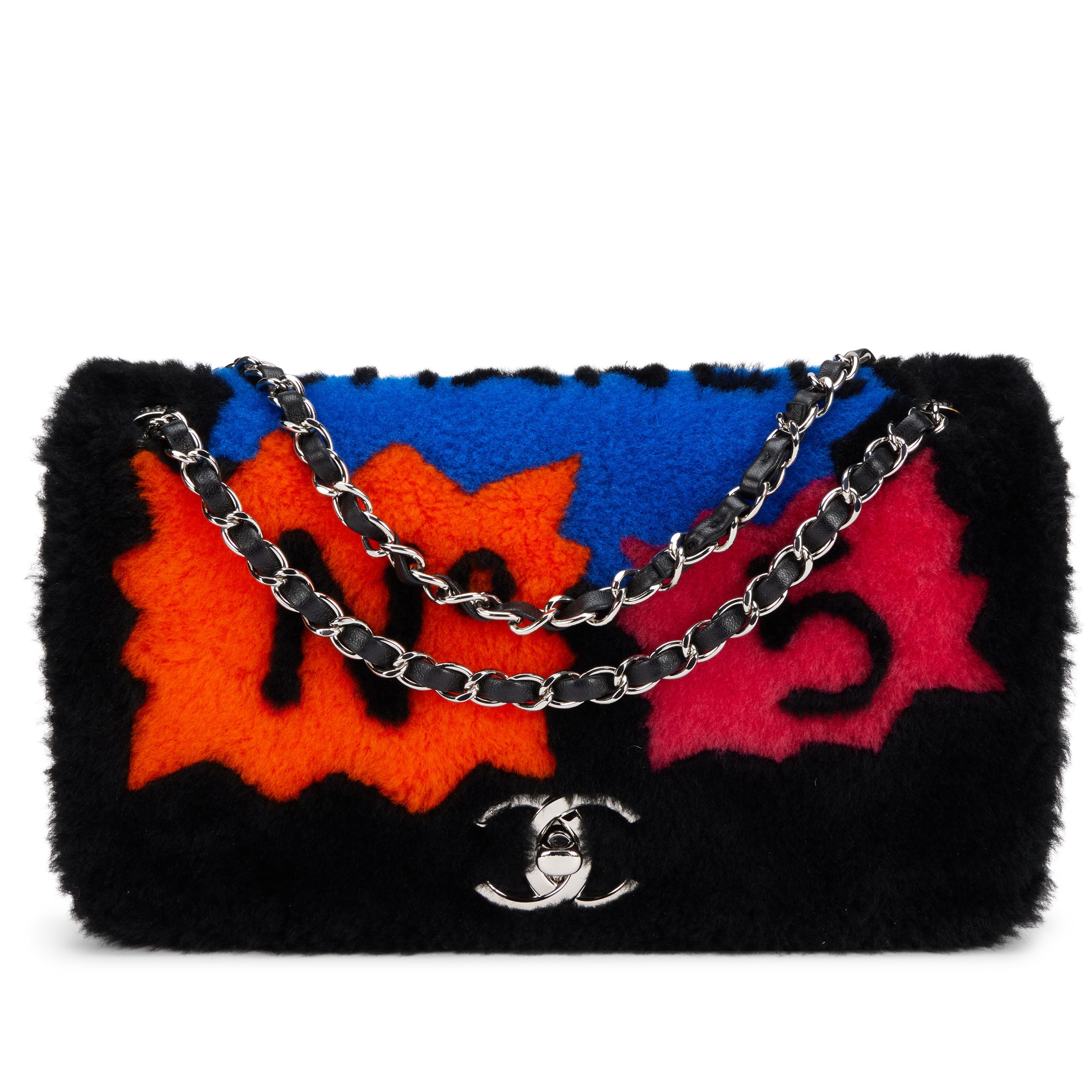 Black Lambskin and Patchwork Shearling No. 5 Pop Art Flap Bag Silver Hardware, 2014
