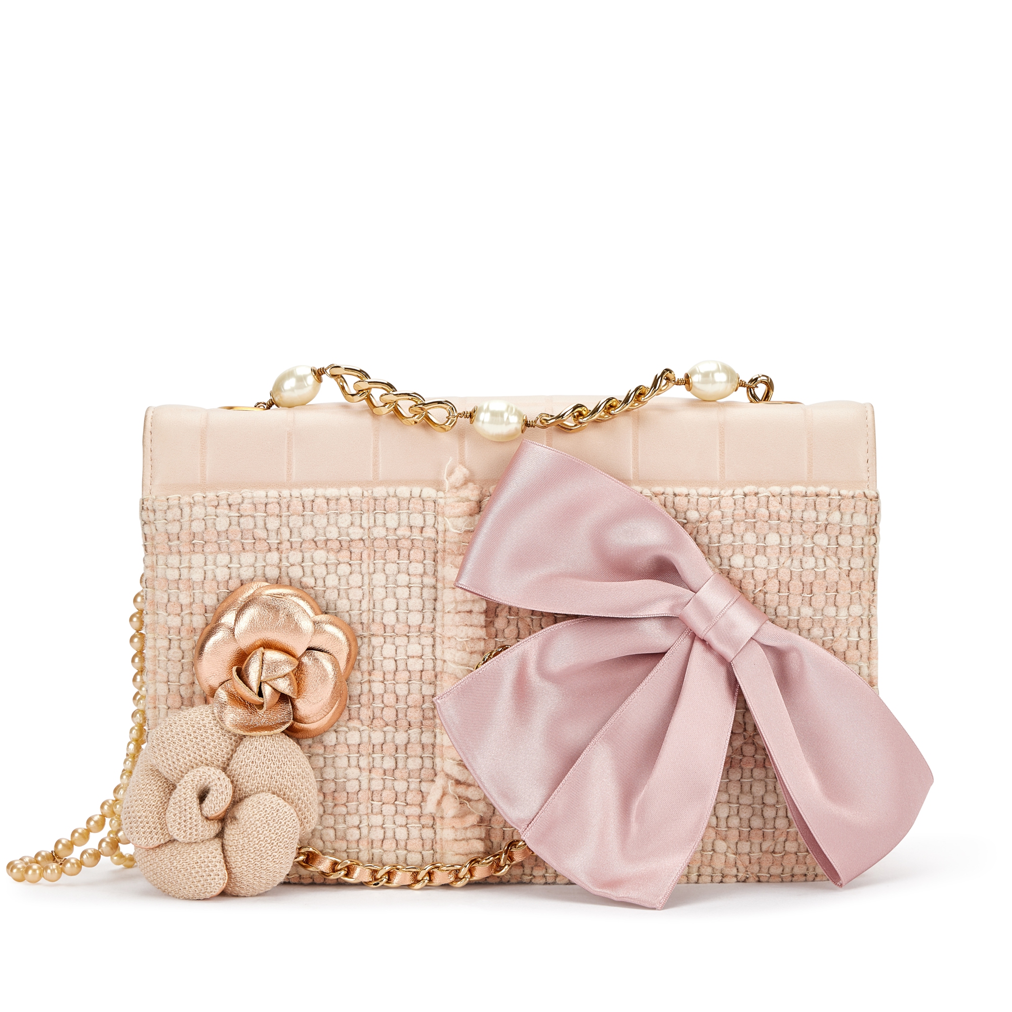 Beige and Pink Lambskin, Tweed, Imitation Pearl, Ribbon and Camellia Flap Bag Gold Hardware, 2002-03