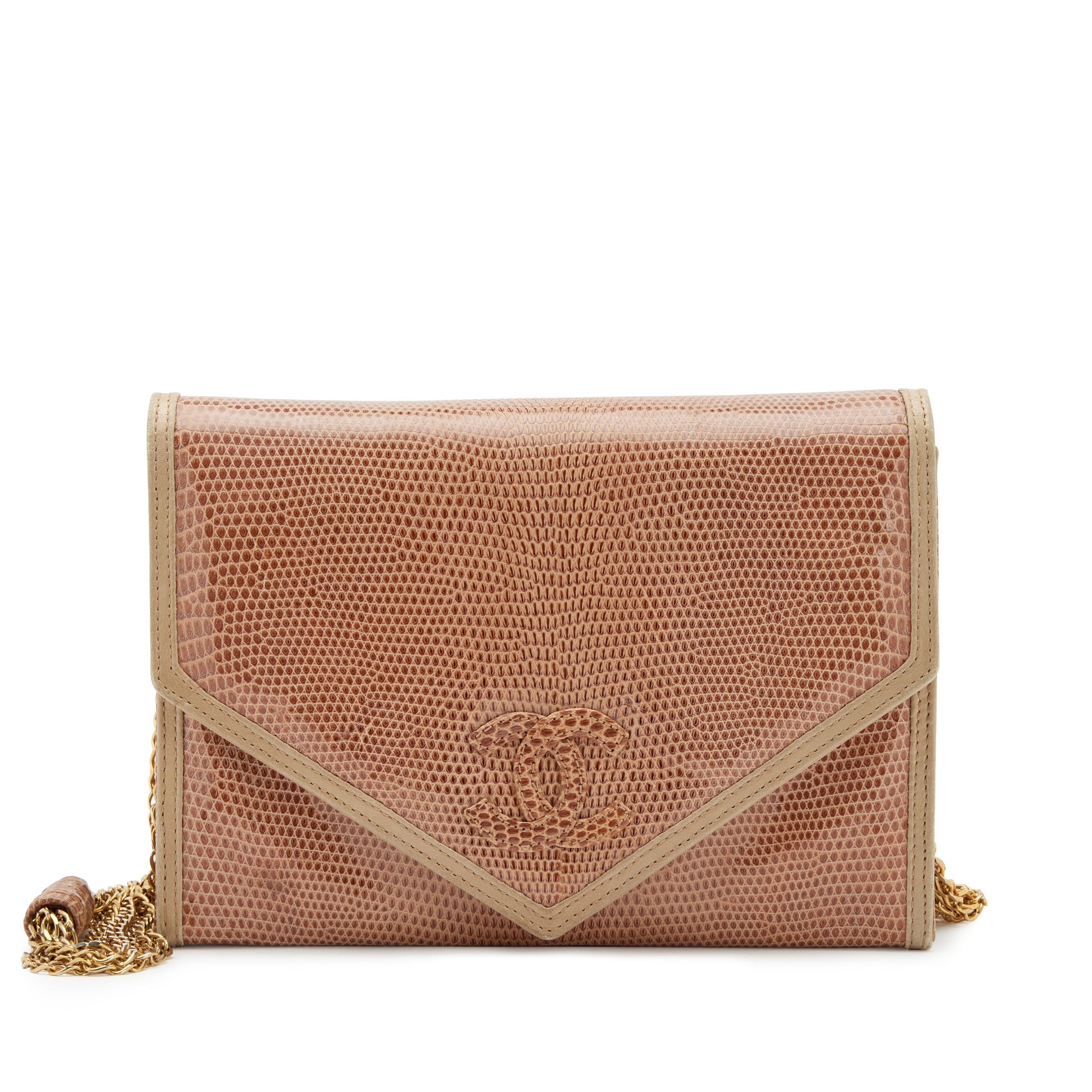 Dark Beige Lizard Timeless Envelope CC Flap Bag Gold Multiple Chain Gold Hardware, 1986-1988