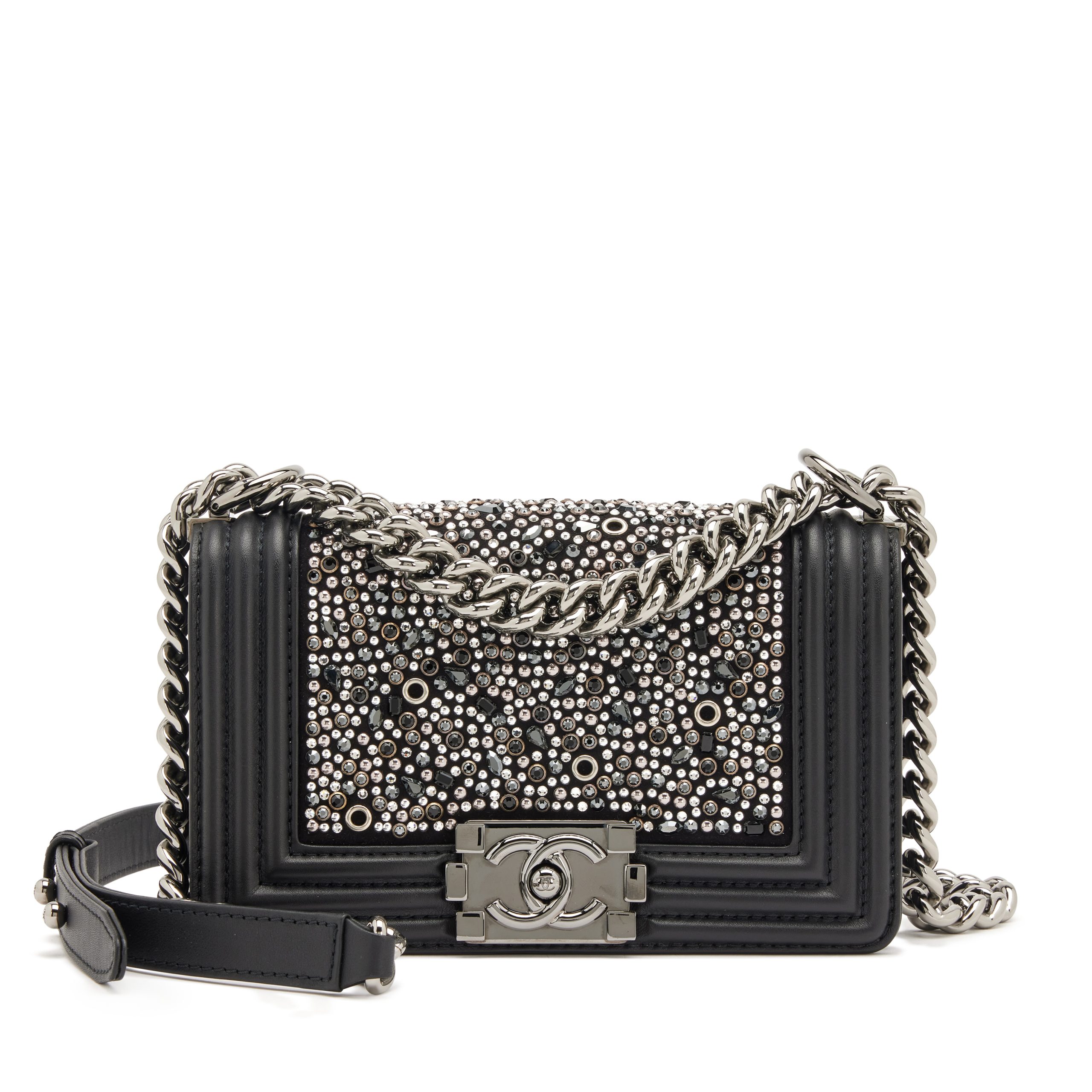 Black Calfskin and Strass Crystal Beaded Embellished Small Boy Bag Ruthenium Hardware, 2019