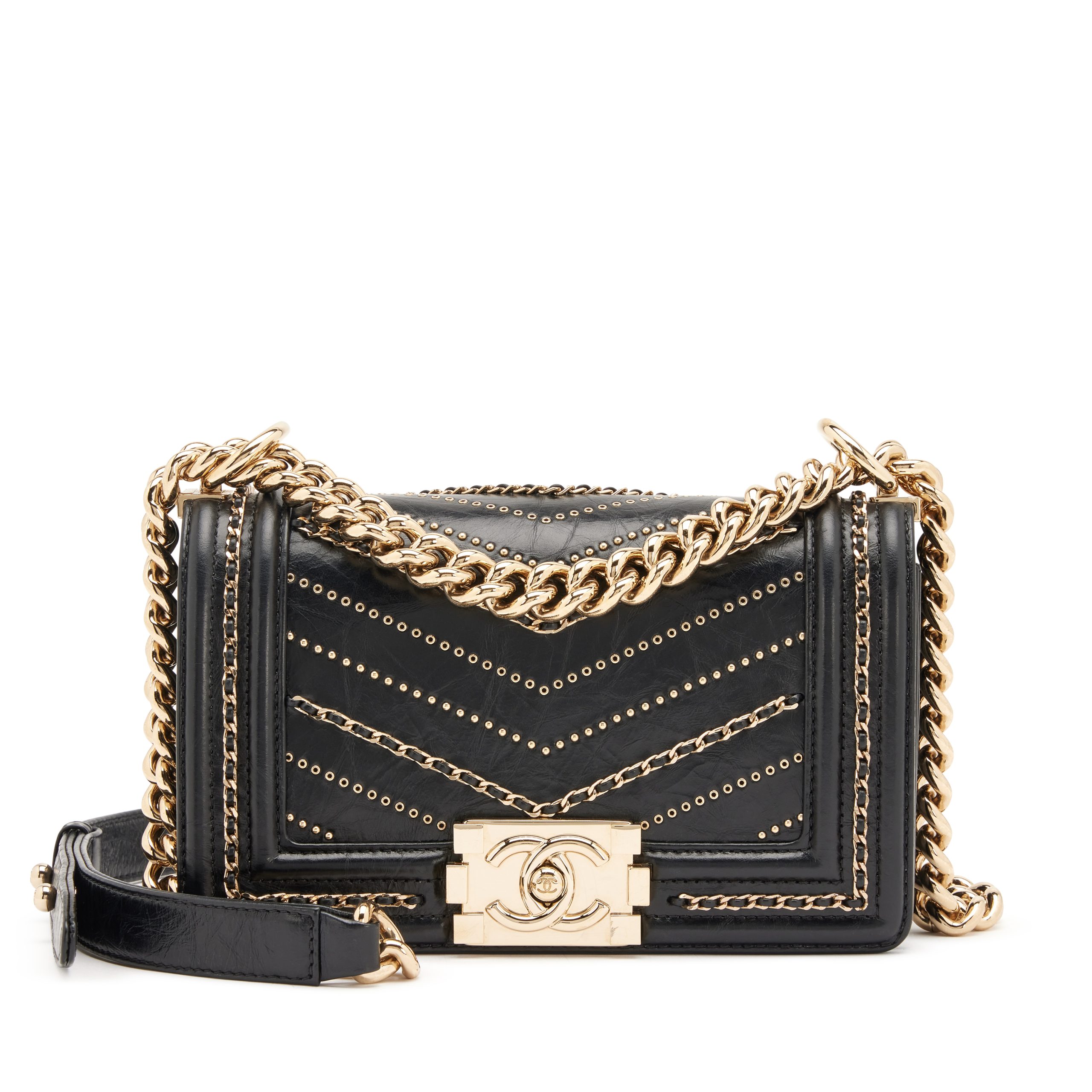 Black Crumpled Calfskin Chevron Embellished Chain Small Boy Flap Bag Gold Hardware, 2018