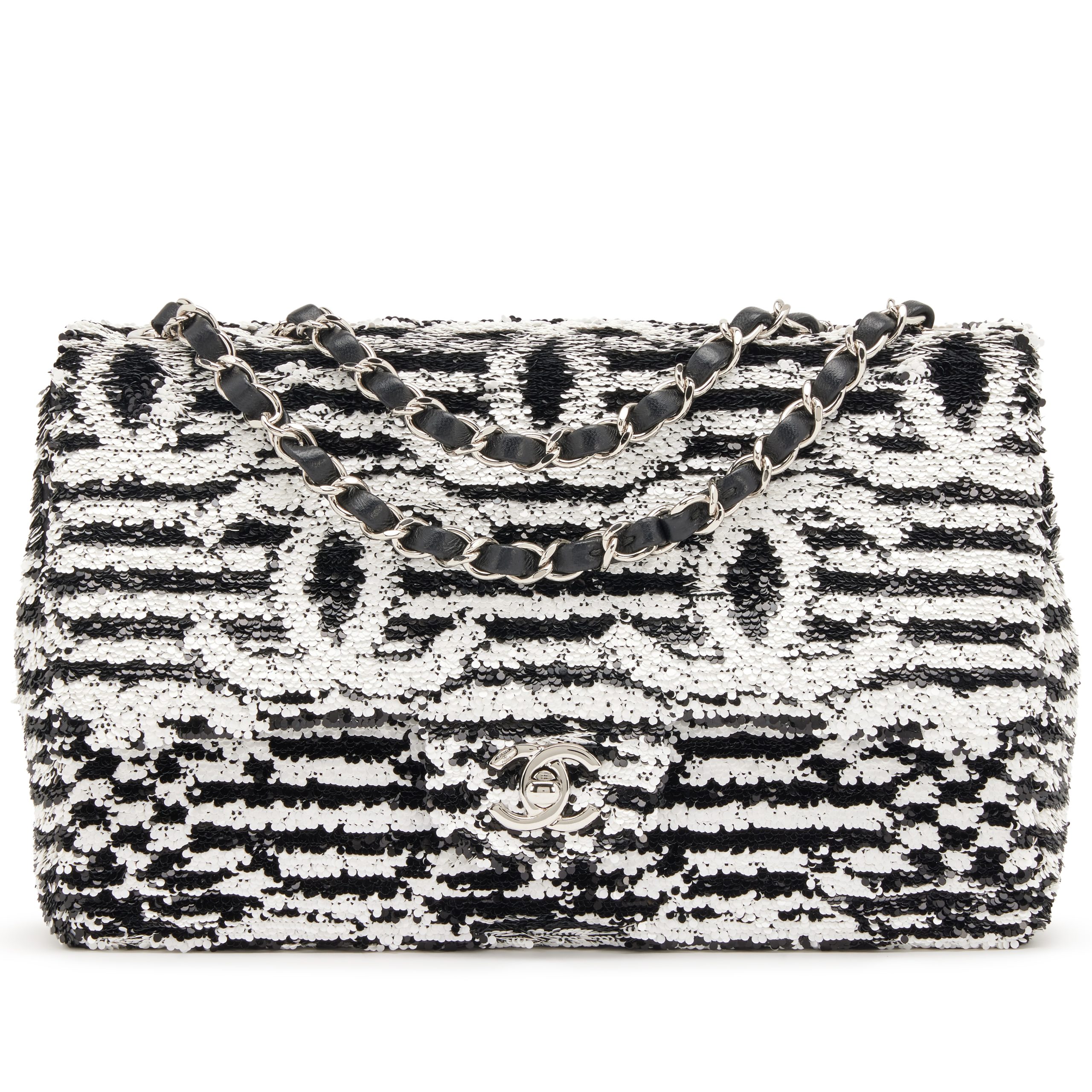 Black and White Sequin CC Logo and Black Lambskin Medium Single Flap Bag Silver Hardware, 2024