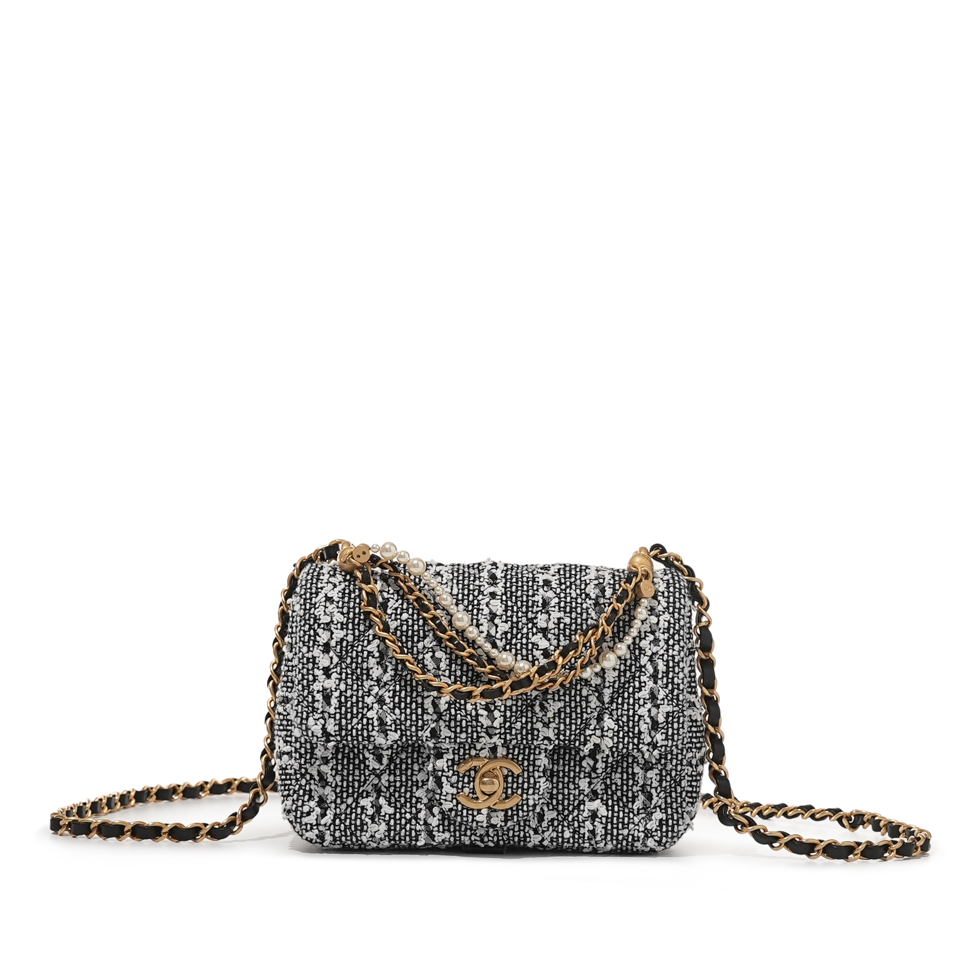 Black and White Tweed and Imitation Pearl Flap Bag Brushed Gold Hardware 
