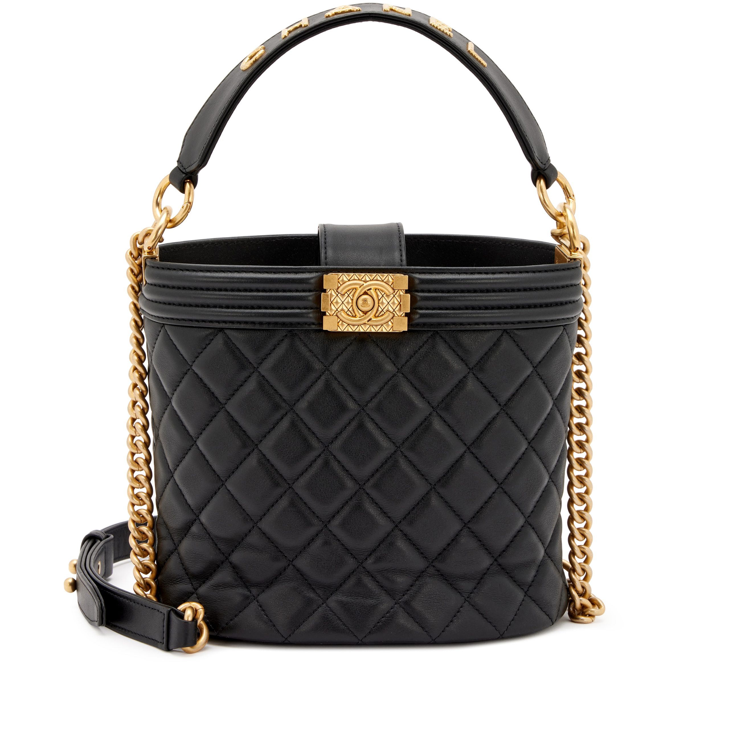 Black Quilted Lambskin Boy Bucket Bag Aged Gold Hardware, 2020