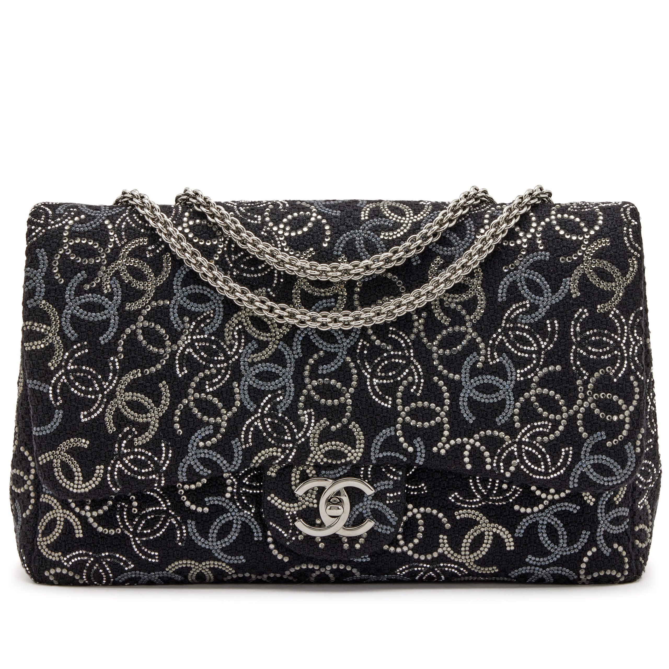 Black Tweed Strass Crystal CC Paris-Shanghai Pudong Jumbo Classic Single Flap Silver Hardware, 2010