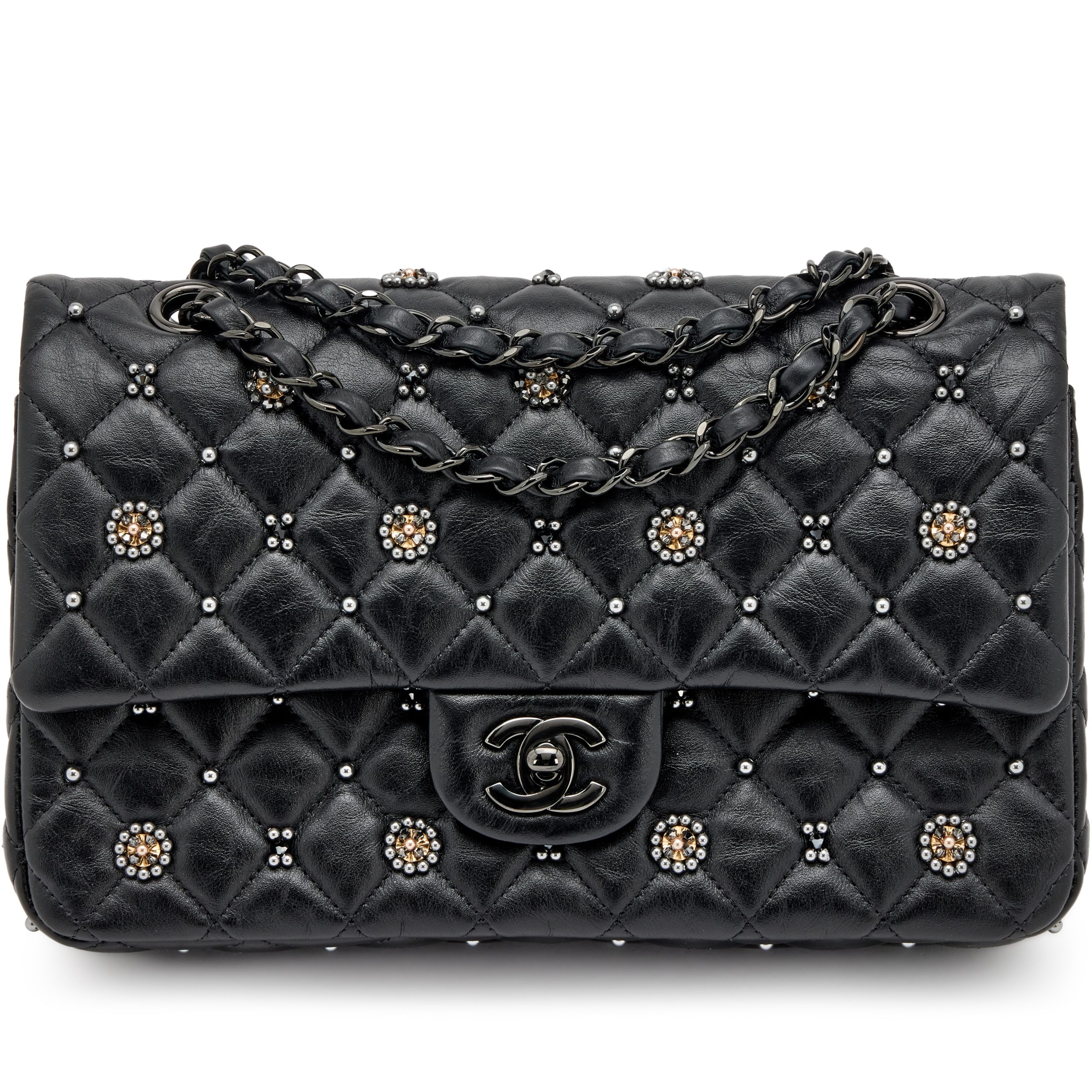 Black Quilted Crumpled Calfsksin Bejewelled Beaded Embellished Medium Classic Double Flap Black Hardware, 2022