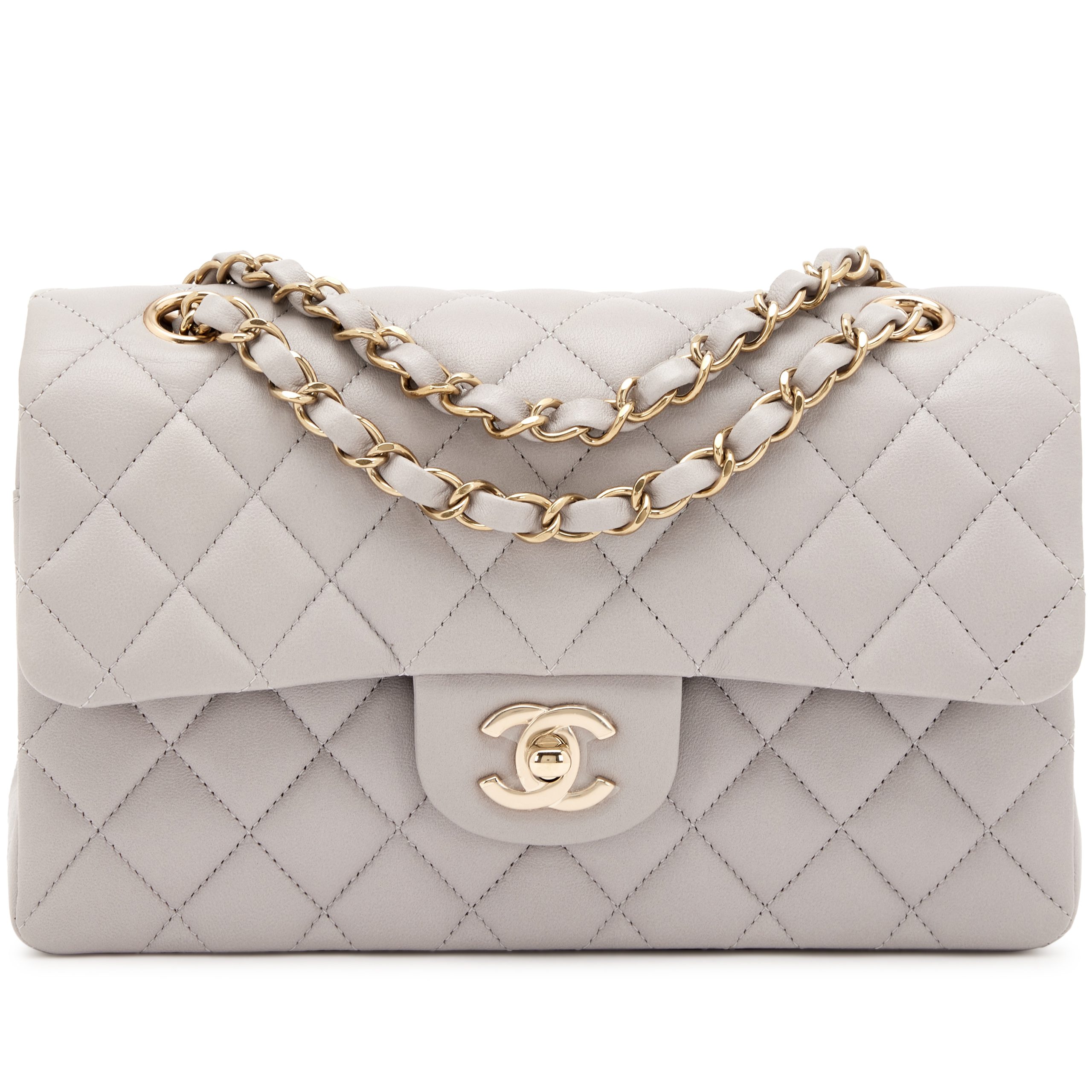 Grey Quilted Lambskin Classic Small Double Flap Bag Pale Gold Hardware, 2022