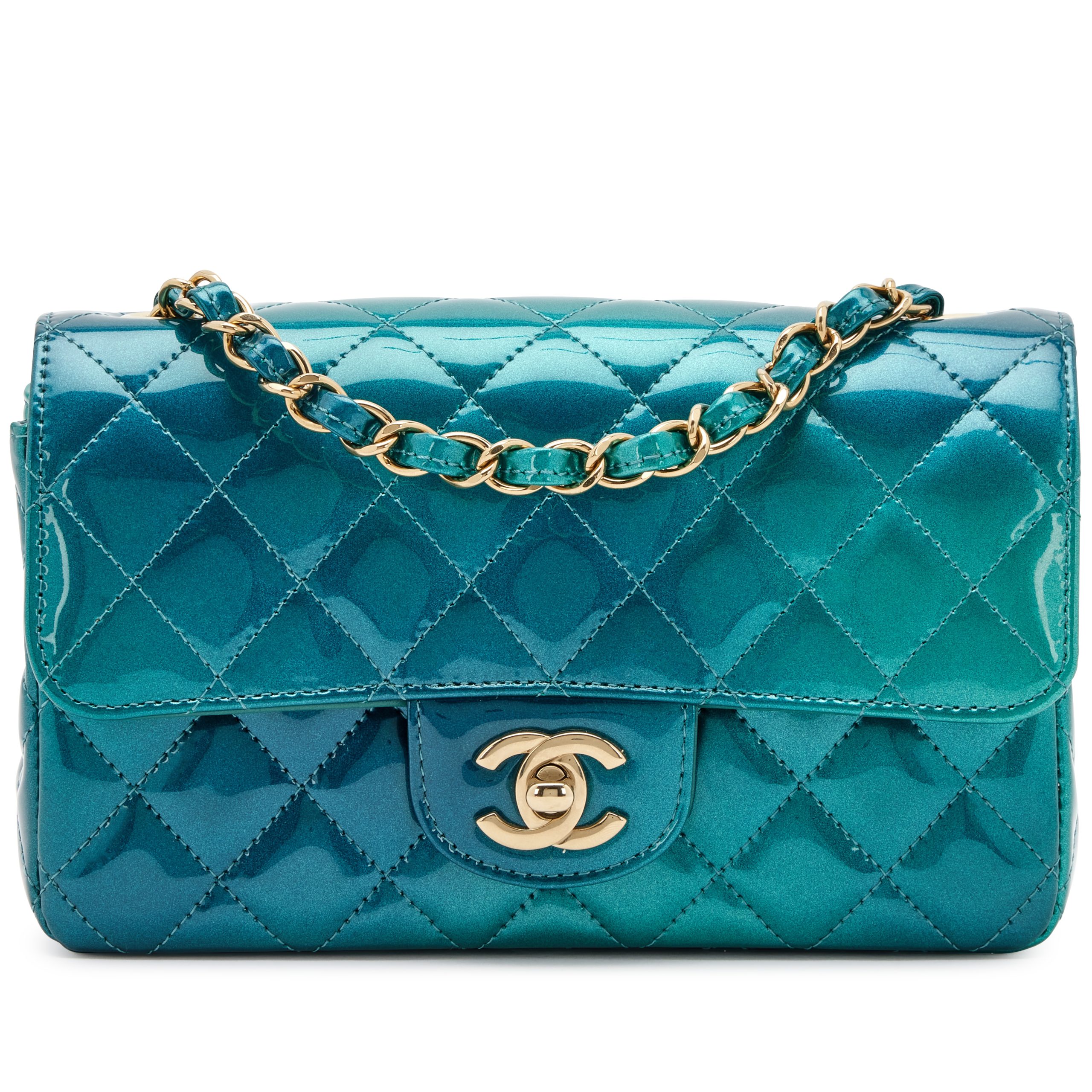 Green and Blue Quilted Patent Calfskin Shaded Mini Rectangular Flap Bag Gold Hardware, 2023