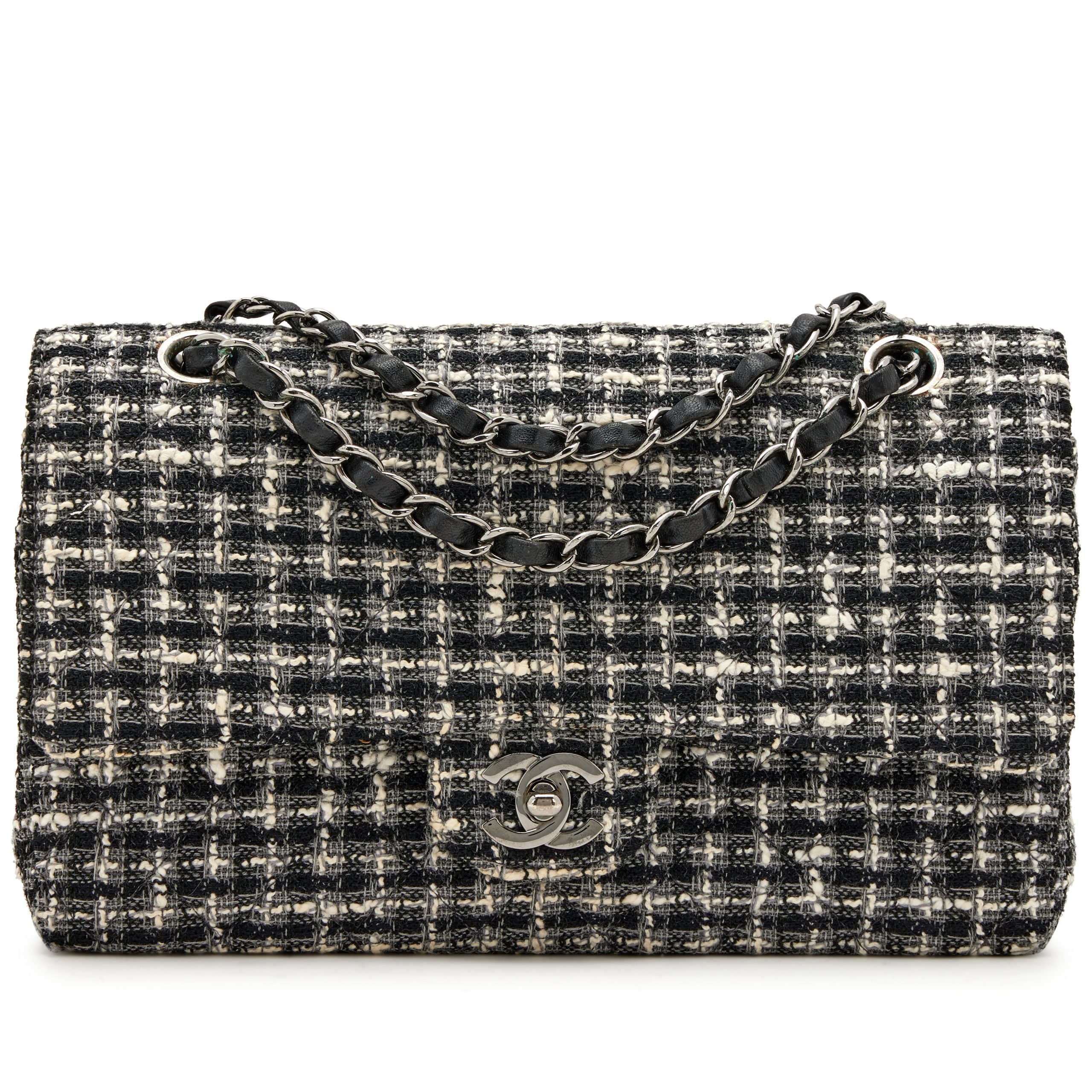 Black and White Tweed Medium Classic Double Flap Bag Silver Hardware, 2004-2005