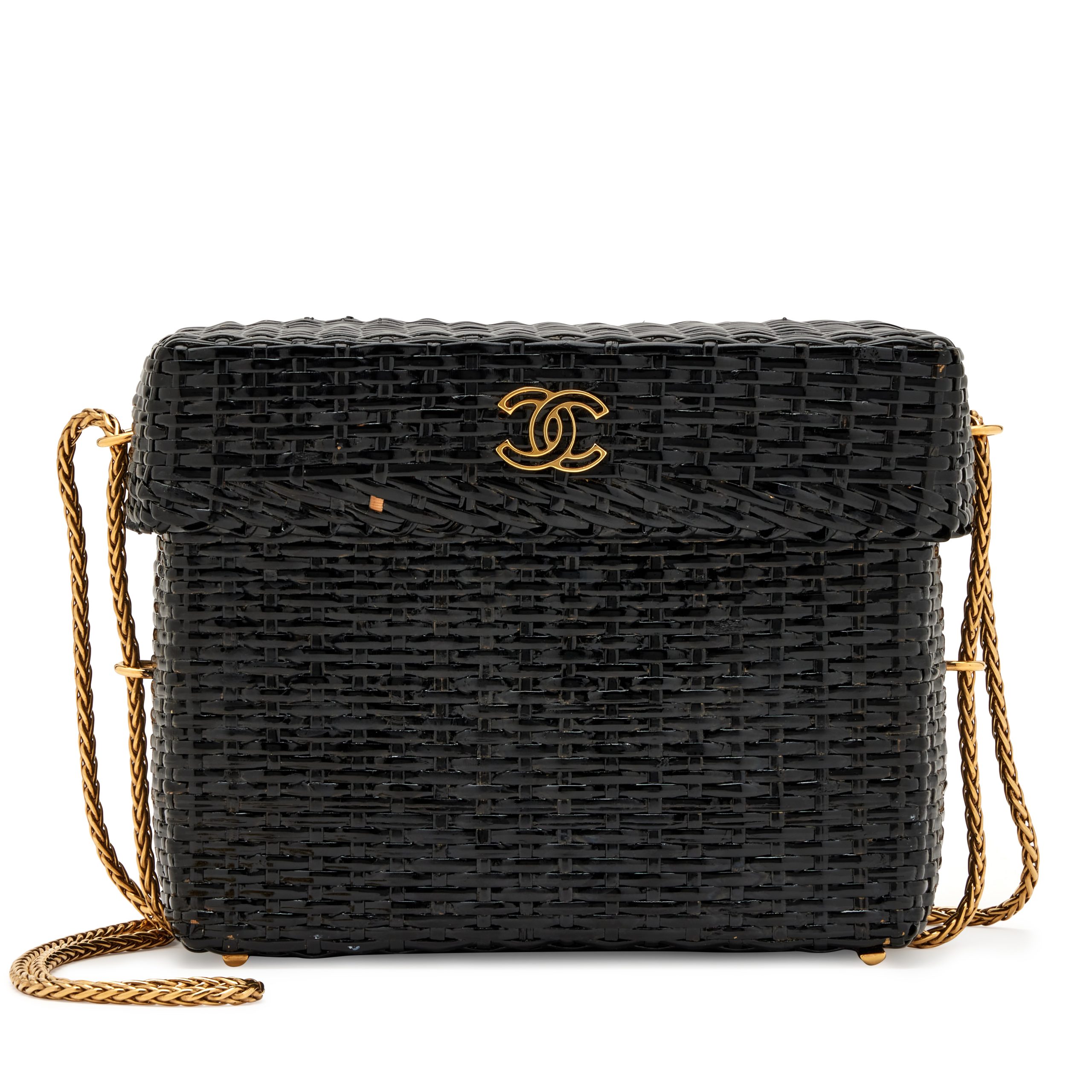 Black Wicker CC Picnic Basket Box Bag Gold Hardware, 1997-1999