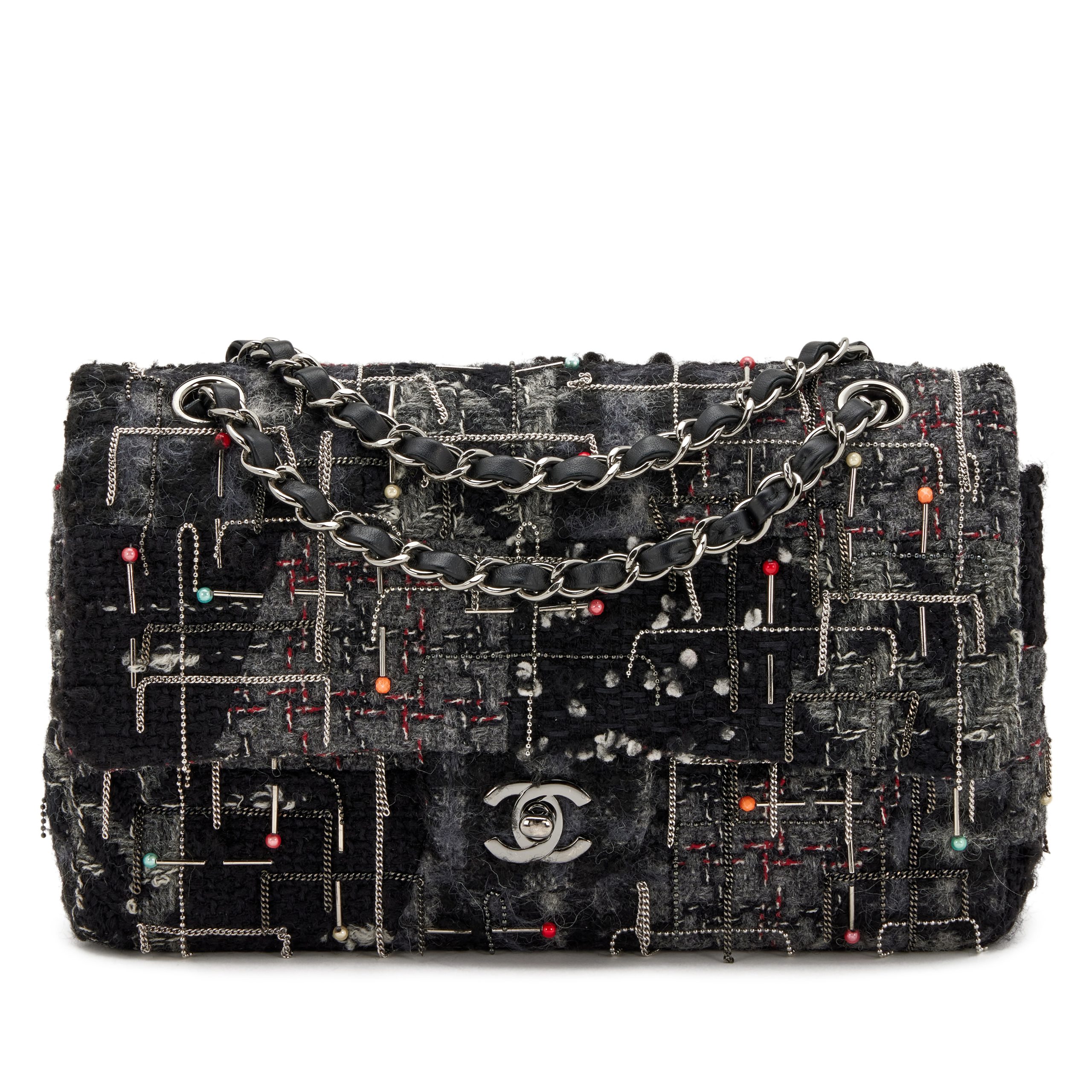 Grey, Black, and Red Embellished Chains and Beads Wool Tweed Medium Classic Double Flap Ruthenium Hardware, 2016