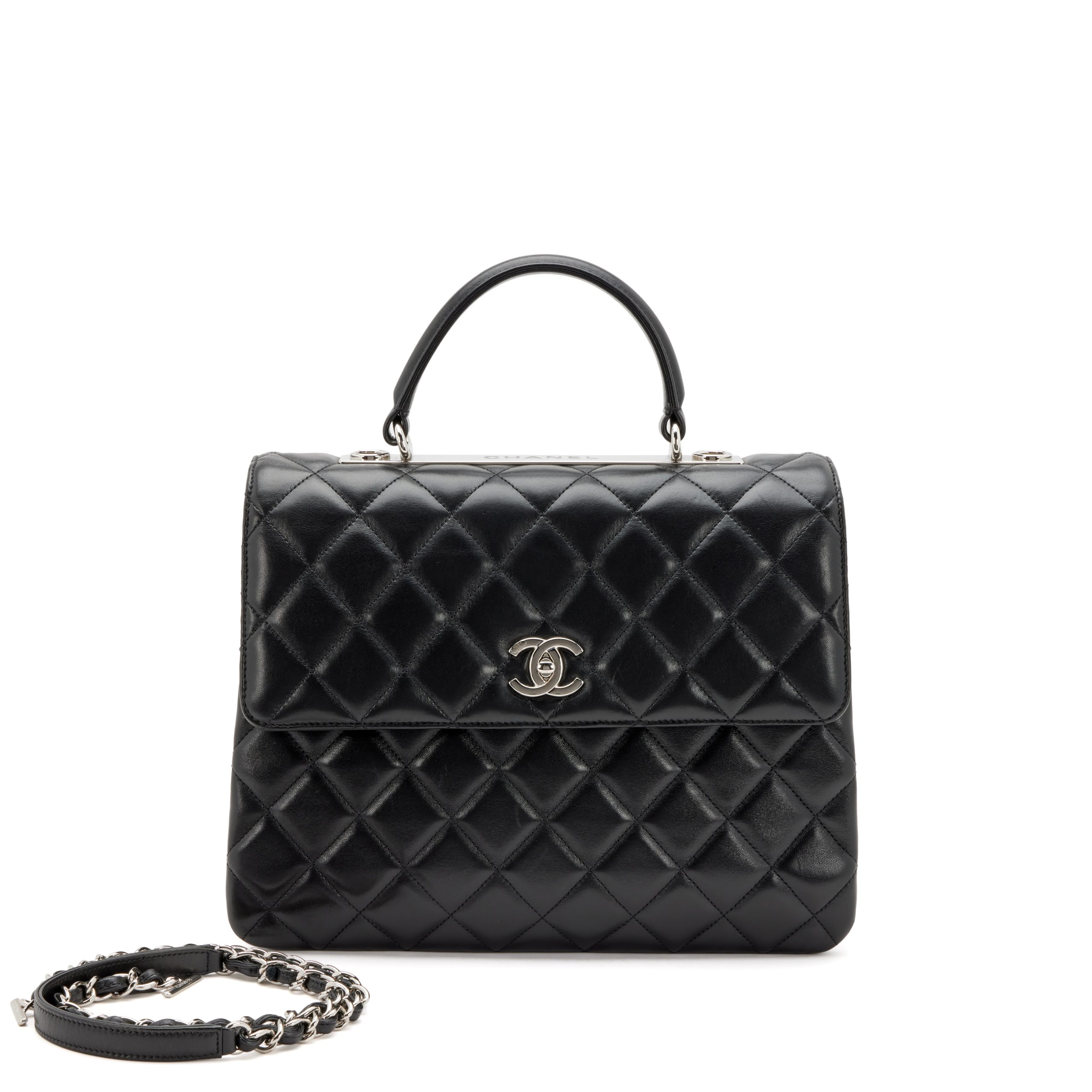 Black Quilted Lambskin Large Trendy CC Top Handle Flap Bag Silver Hardware, 2017-2018