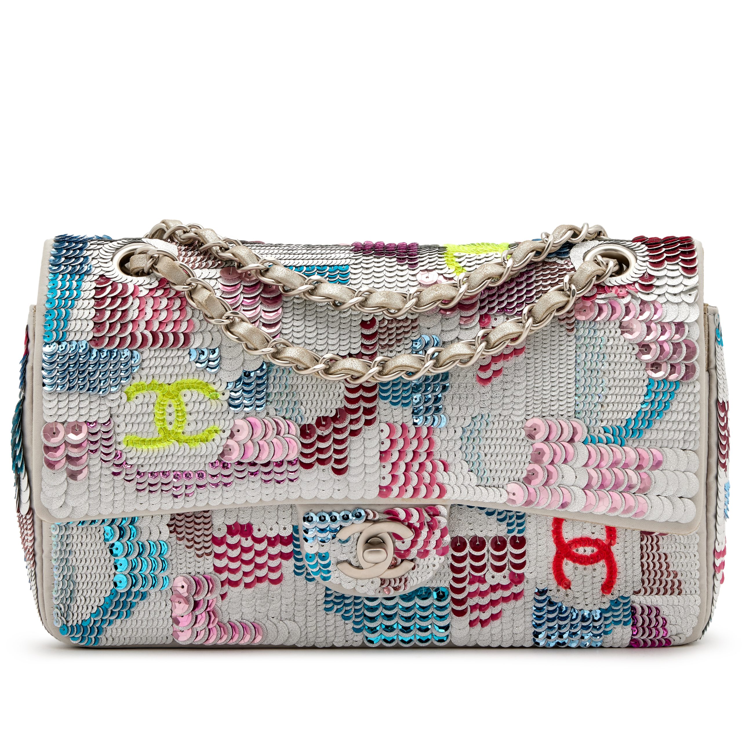 Multicolor CC Embroidered Sequin and Metallic Silver Quilted Iridescent Goatskin Pop Art Medium Classic Double Flap Brushed Silver Hardware, 2014