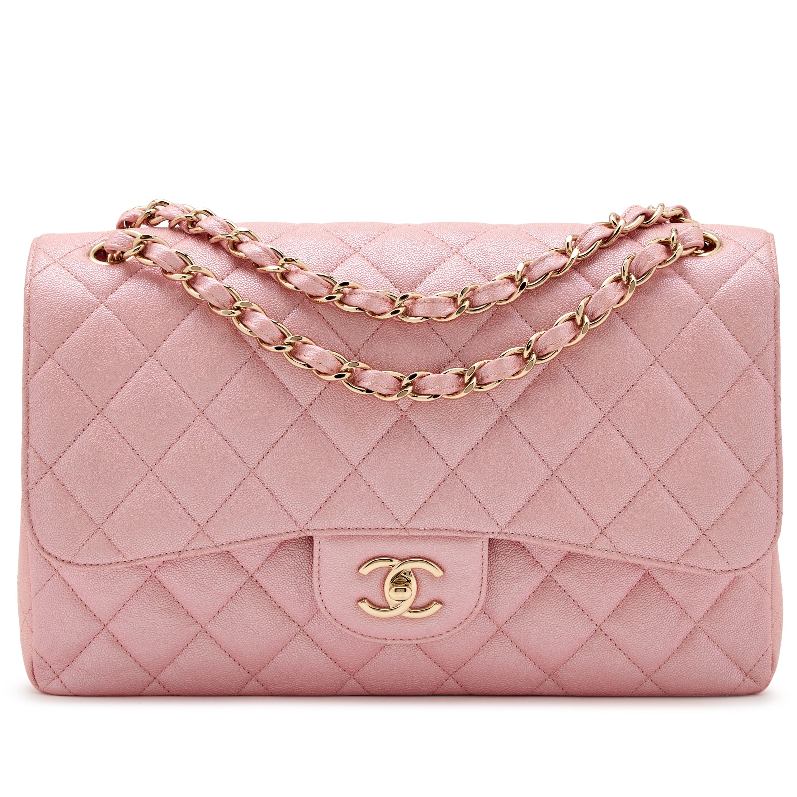 Pink Iridescent Quilted Caviar Jumbo Classic Double Flap Light Gold Hardware, 2019