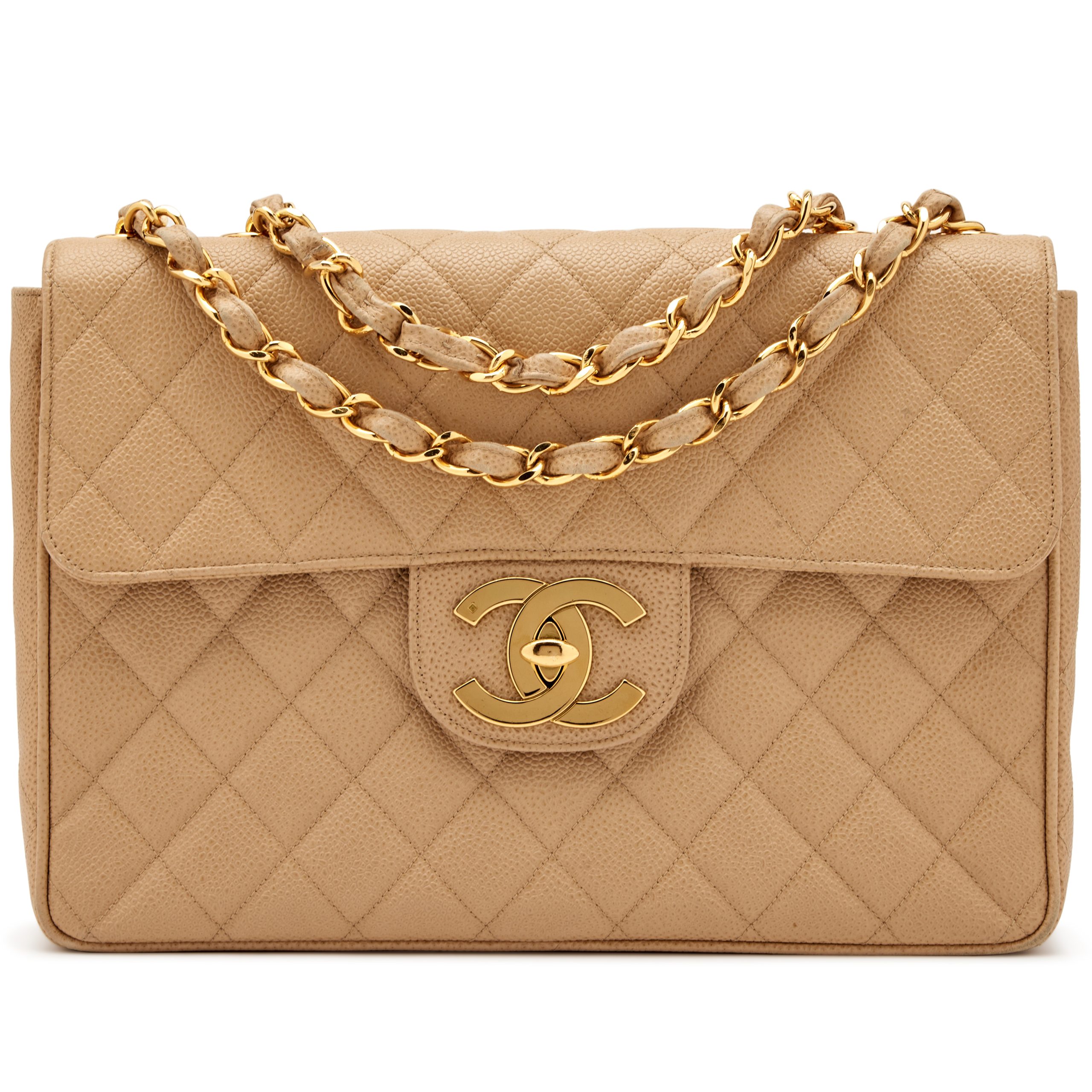 Beige Quilted Caviar Jumbo Classic Single Flap Bag Oversize XL CC Gold Hardware, 1994-1996