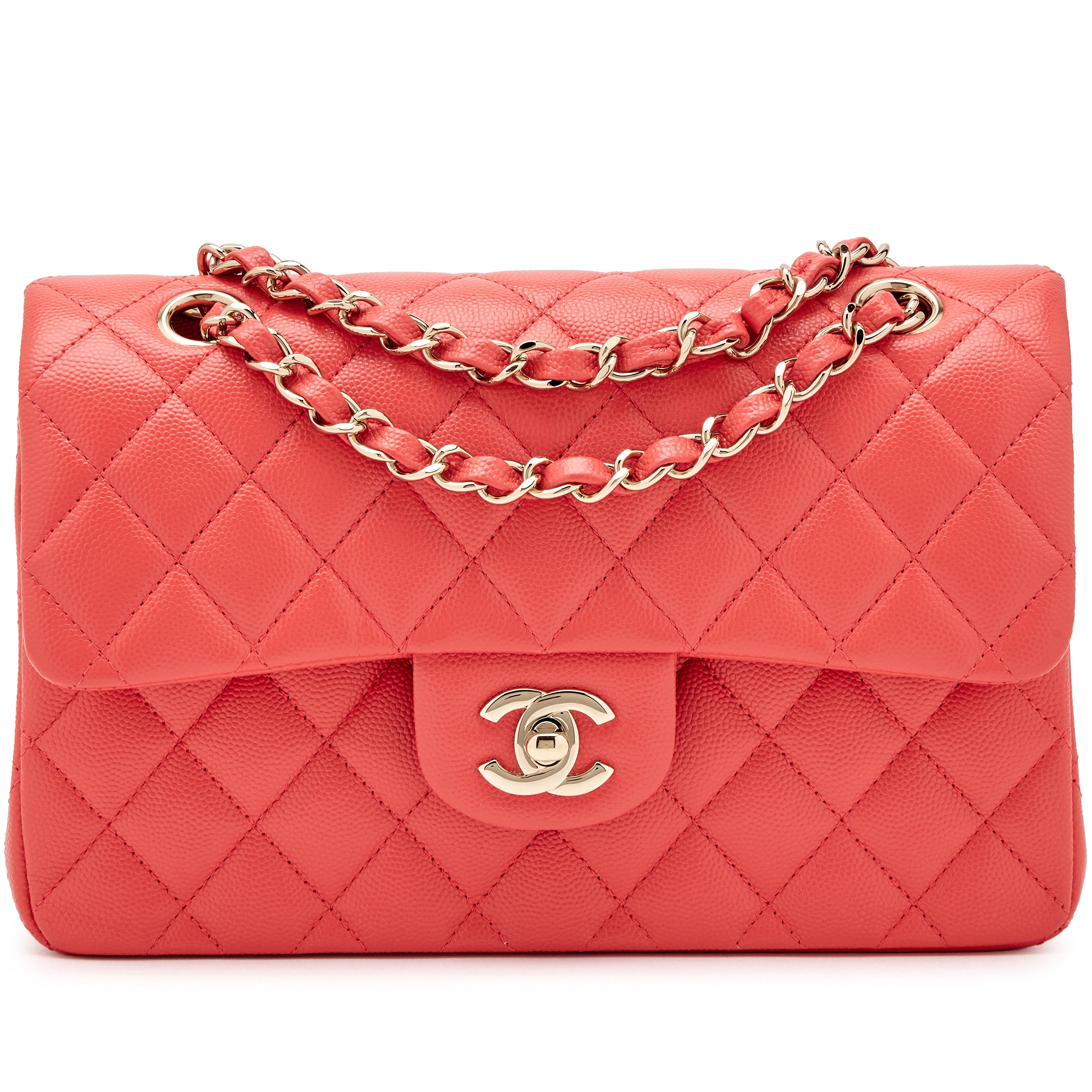 Coral Pink Quilted Caviar Small Classic Double Flap Light Gold Hardware, 2021