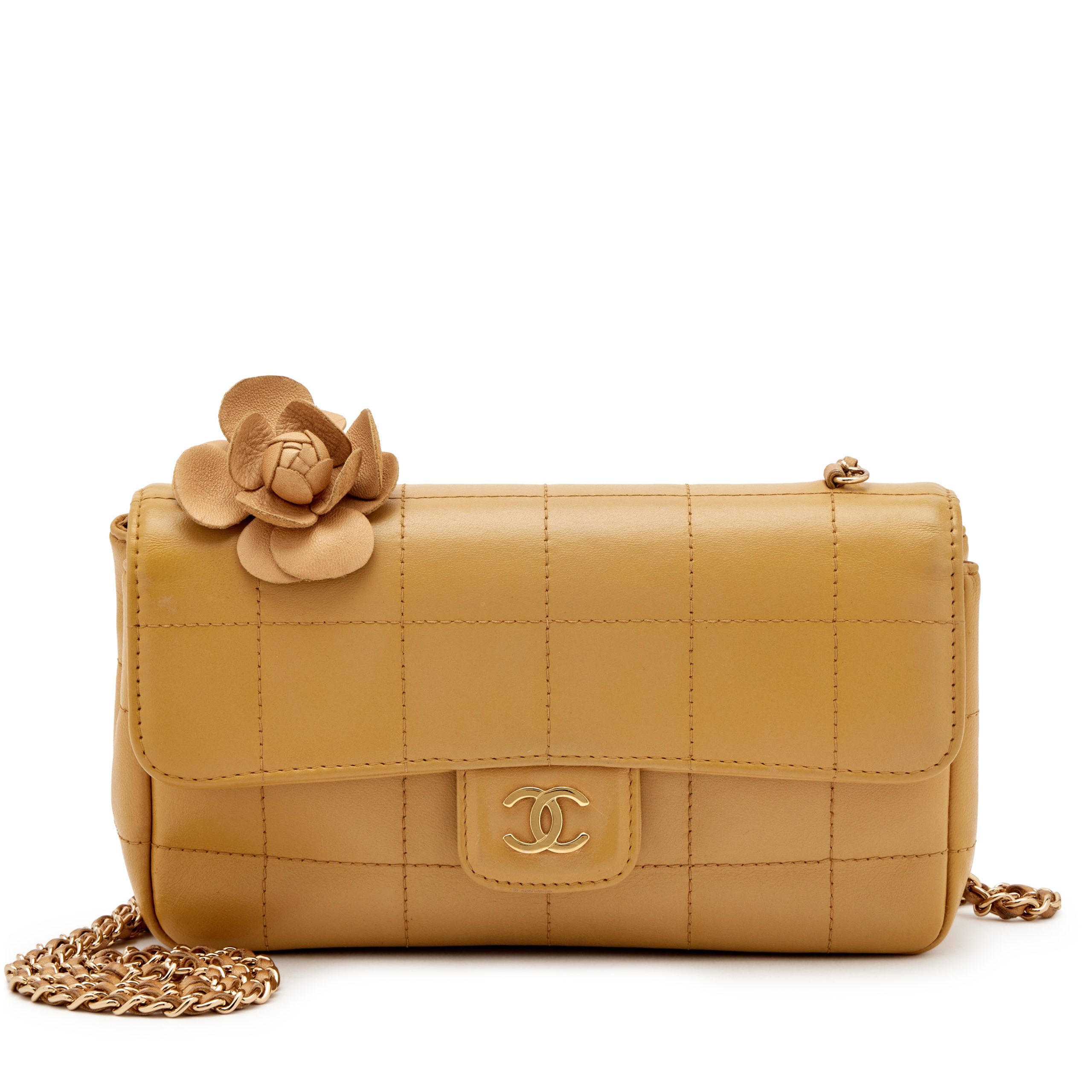 Mustard Yellow Quilted Lambskin Mini Square Camellia Flap Bag Gold Hardware, 2003-2004