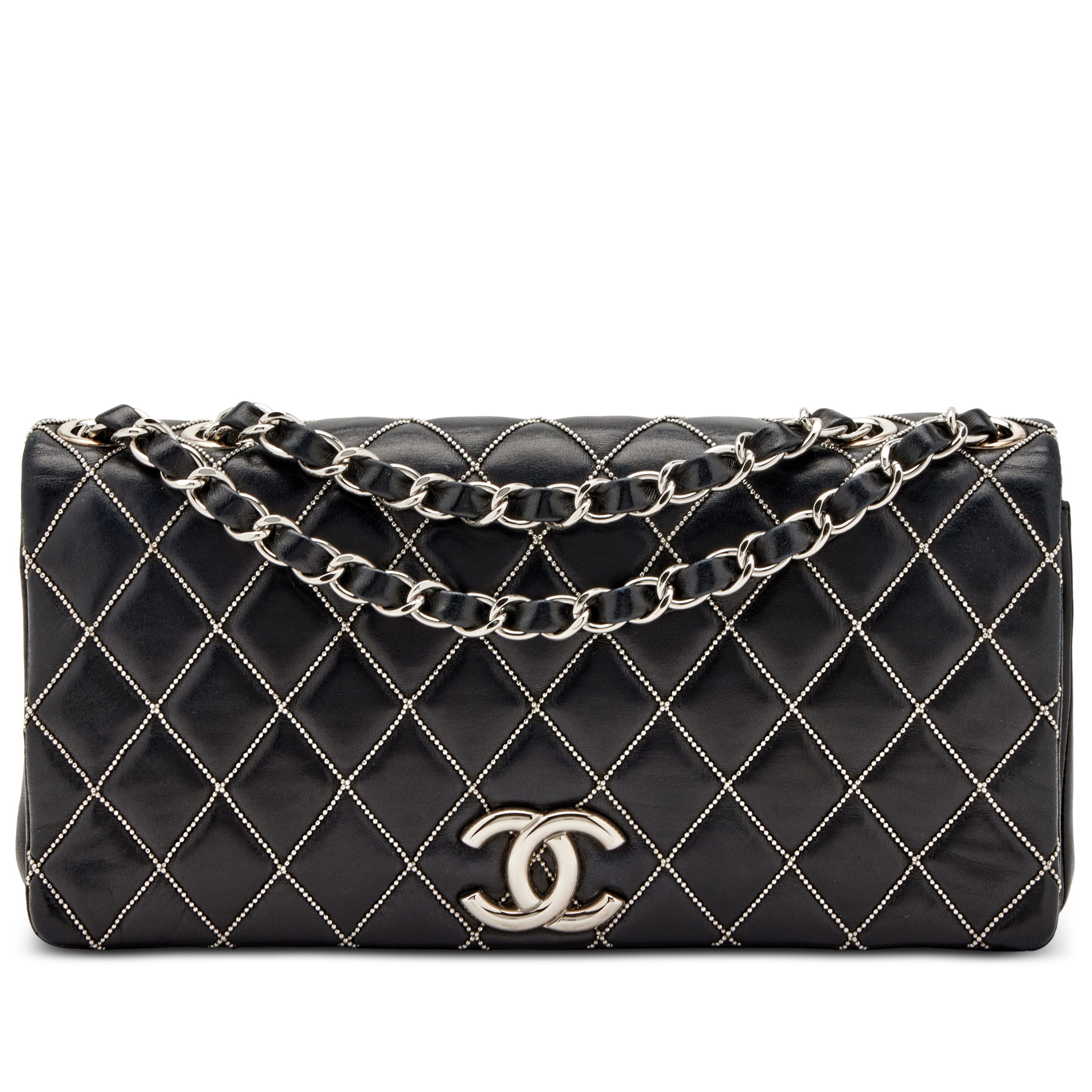 Black Quilted Lambskin Studded Beauty Flap Shoulder Bag Silver Hardware, 2009-2010