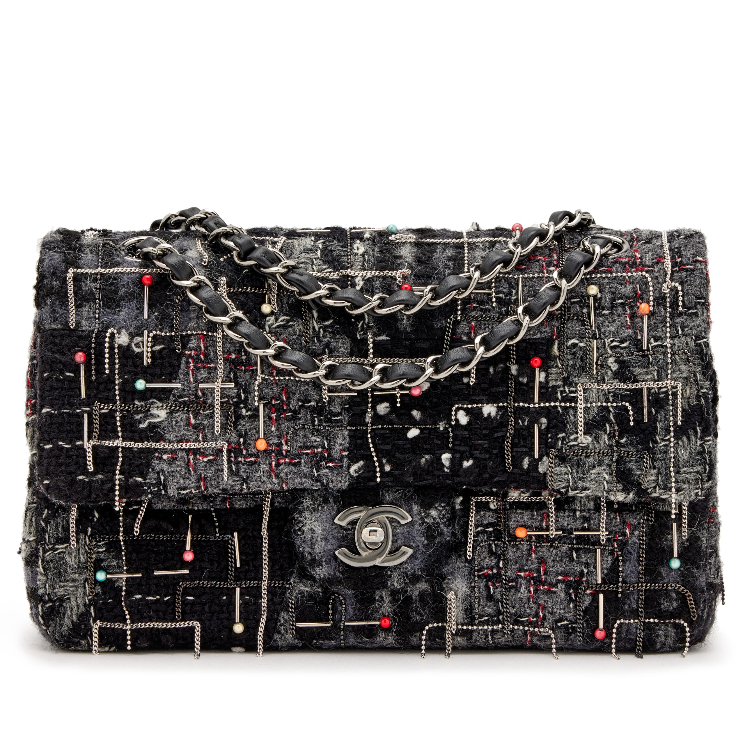 Grey, Black, and Red Embellished Chains and Beads Wool Tweed Medium Classic Double Flap Ruthenium Hardware, 2016