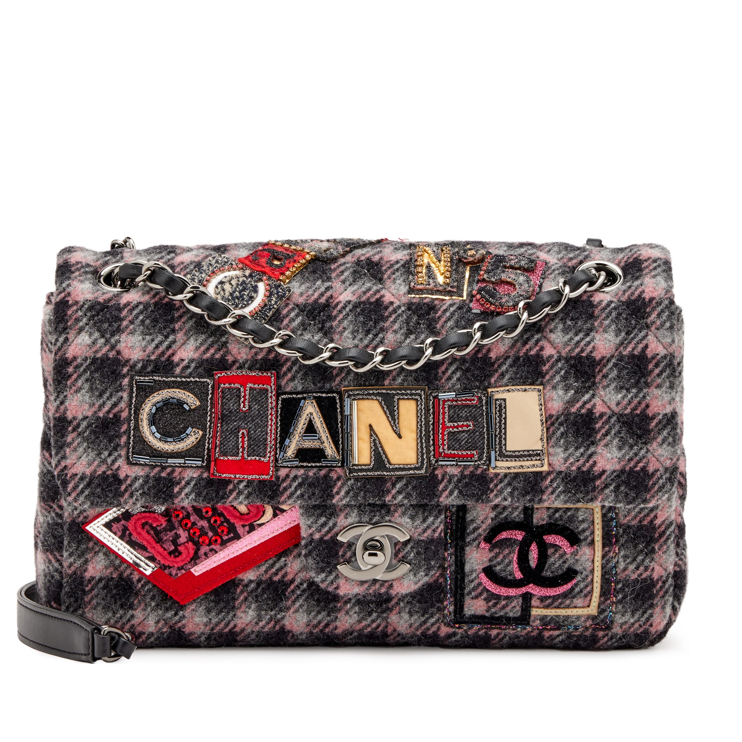 Pink, Grey, Multicolor Quilted Wool Tweed Embroidered Logo Patchwork Medium Single Flap Ruthenium Hardware, 2021