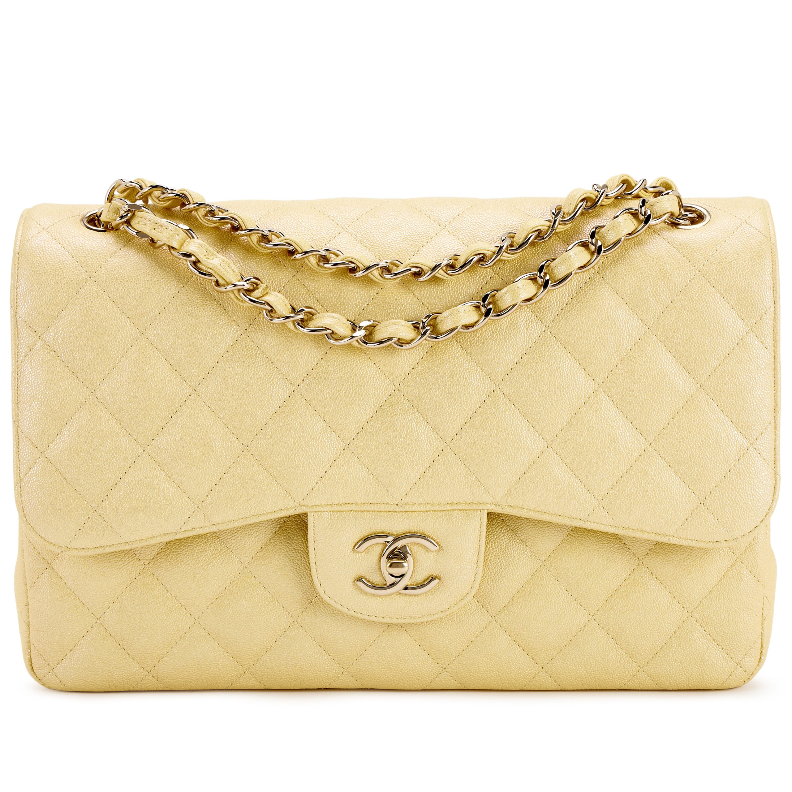 Yellow Iridescent Quilted Caviar Jumbo Classic Double Flap Gold Hardware, 2019