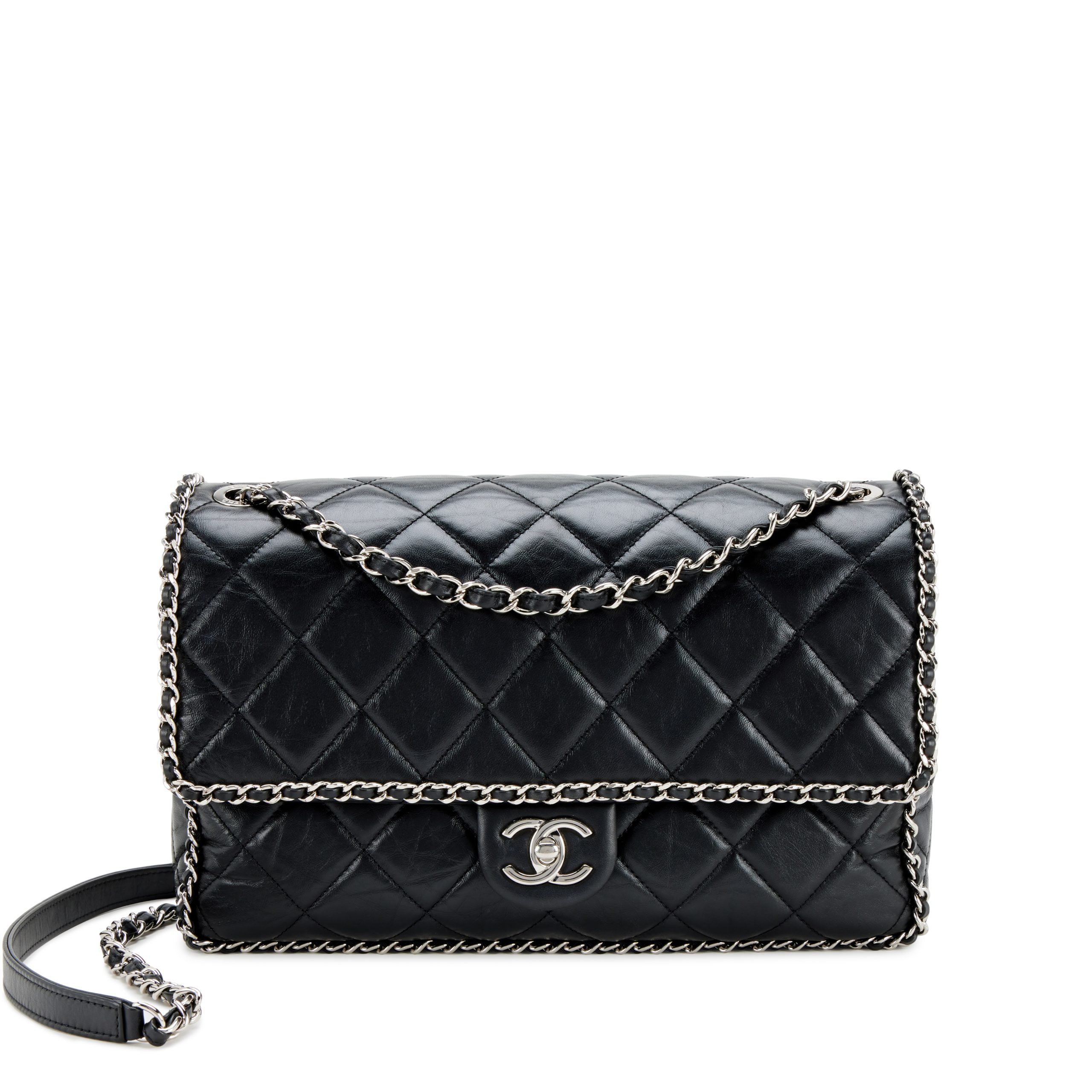Black Quilted Crumpled Calfskin Medium Running Chain Around Flap Bag Silver Hardware, 2020