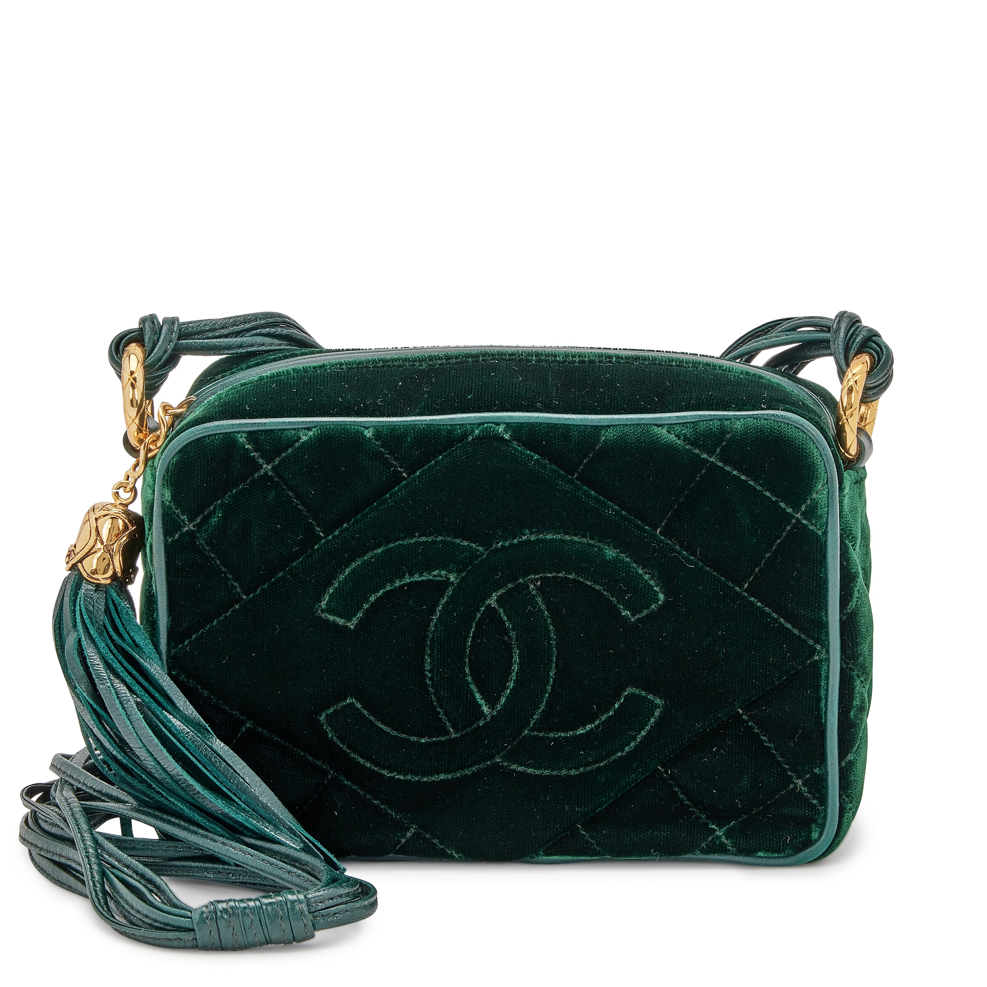 Green Quilted Velvet CC Camera Tassel Bag Gold Hardware, 1991