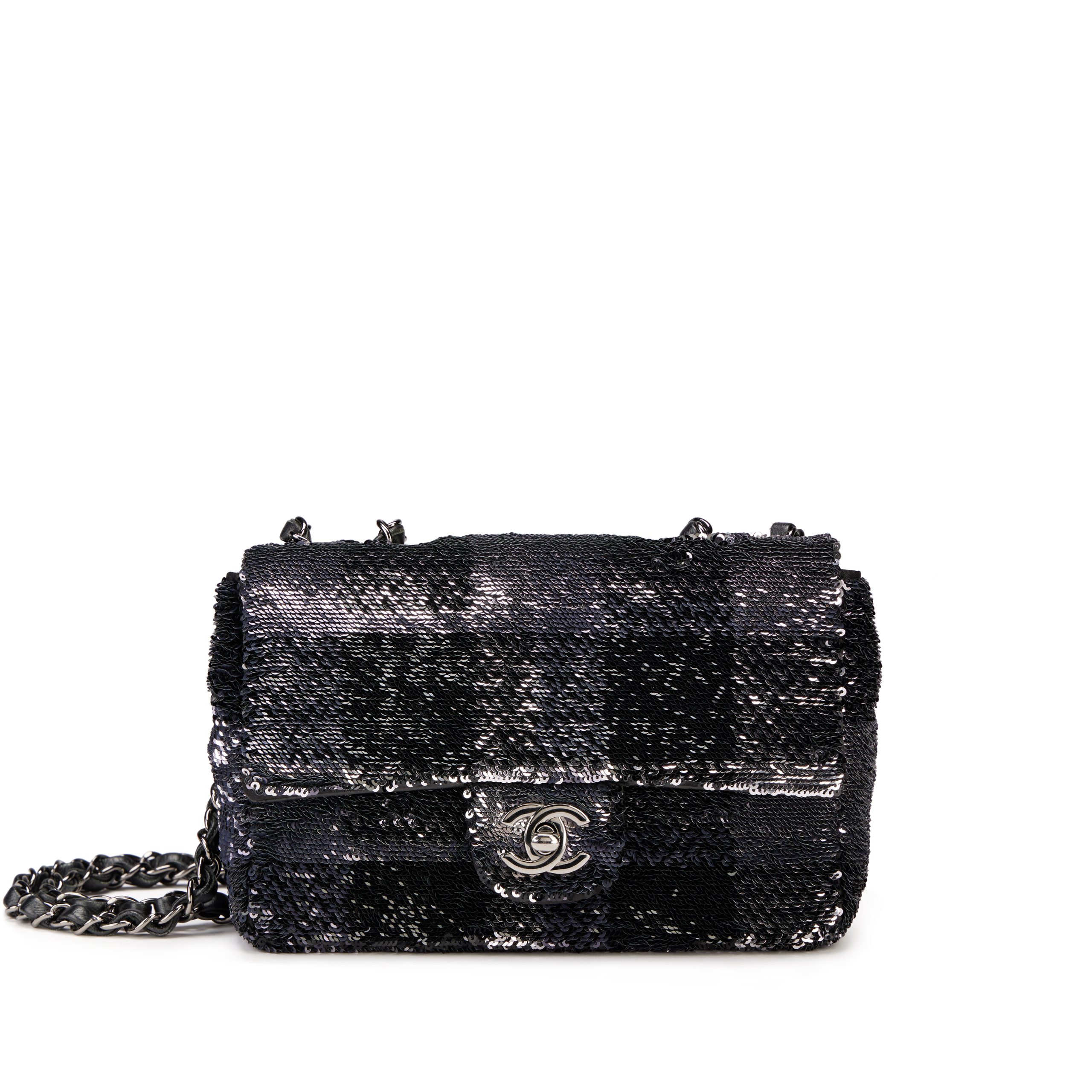  Black and  Silver Plaid Sequin Mini Single Flap Silver Hardware, 2019