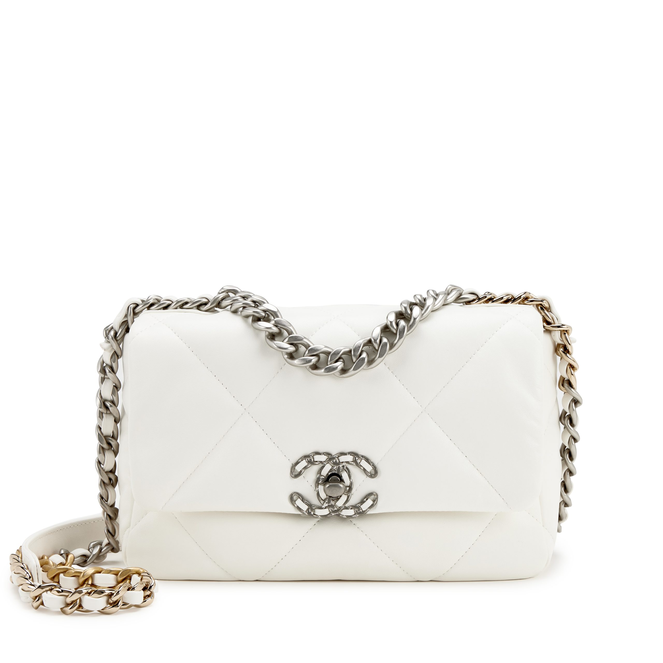 White Quilted Goatskin Medium 19 Flap Brushed Gold and Silver Hardware, 2022