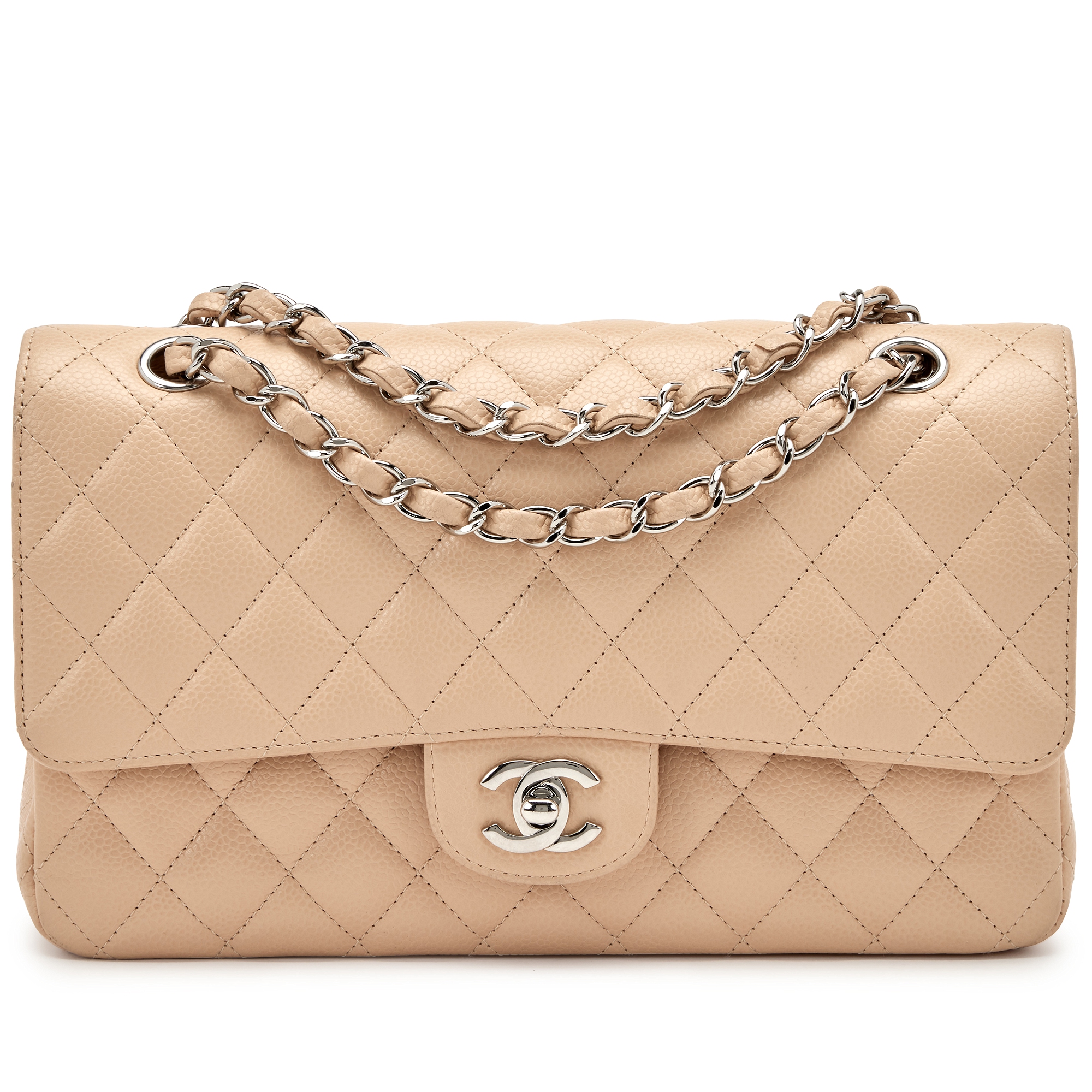 Beige Quilted Caviar Small Classic Double Flap Silver Hardware, 2010-2011