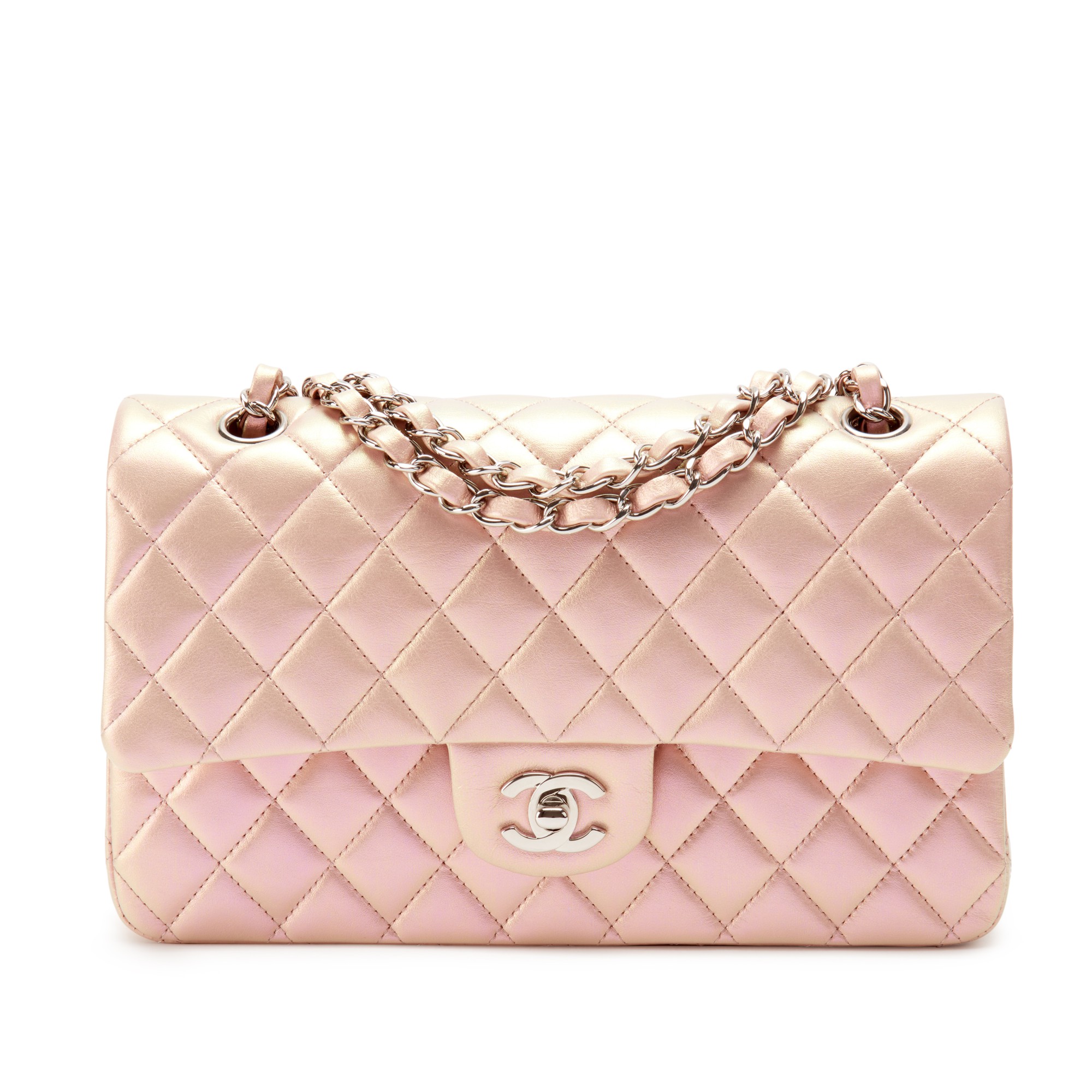 Iridescent Pink Quilted Lambskin Medium Classic Double Flap Silver Hardware, 2021