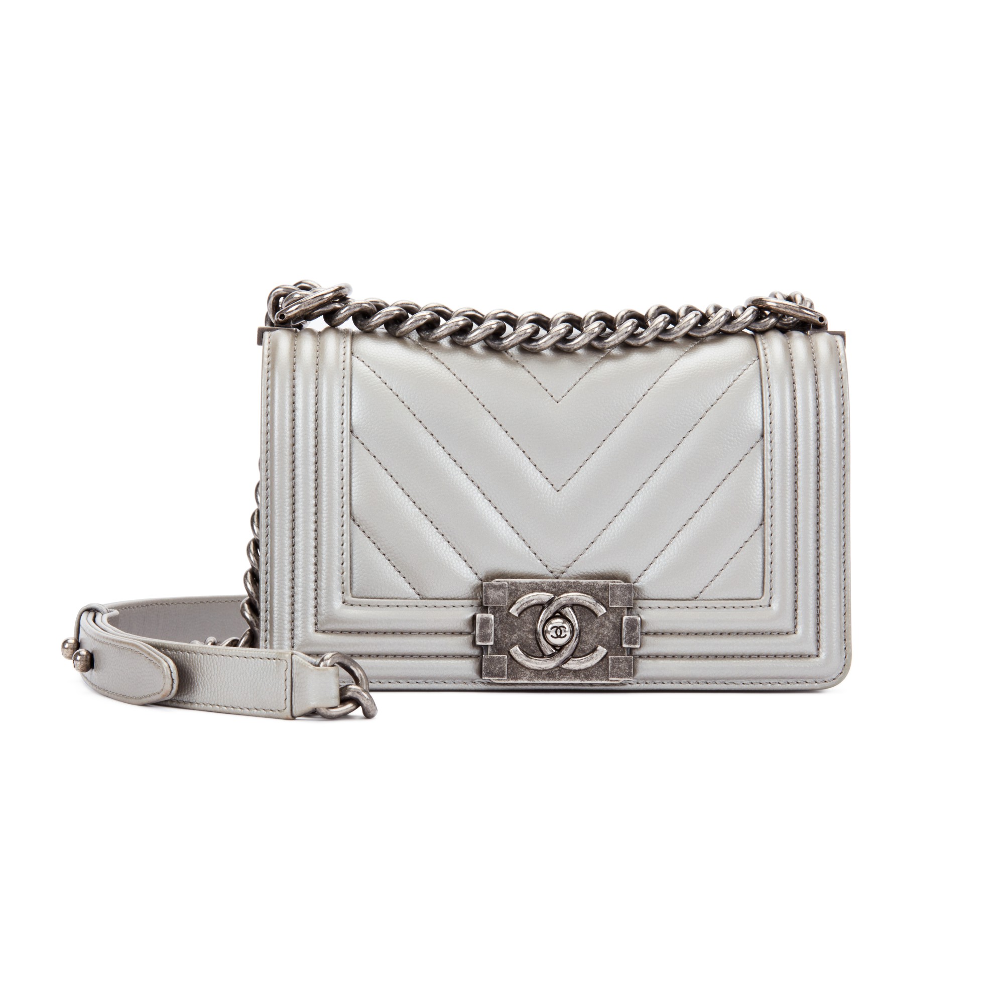 Metallic Silver Quilted Chevron Caviar Small Boy Bag Ruthenium Hardware, 2016