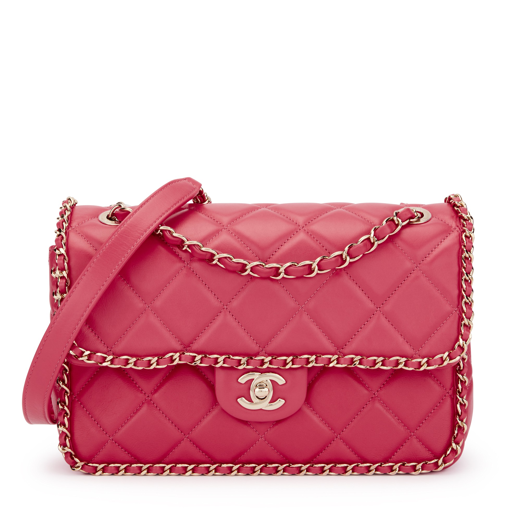 Pink Quilted Aged Calfskin Chain Around Single Flap Gold Hardware, 2020