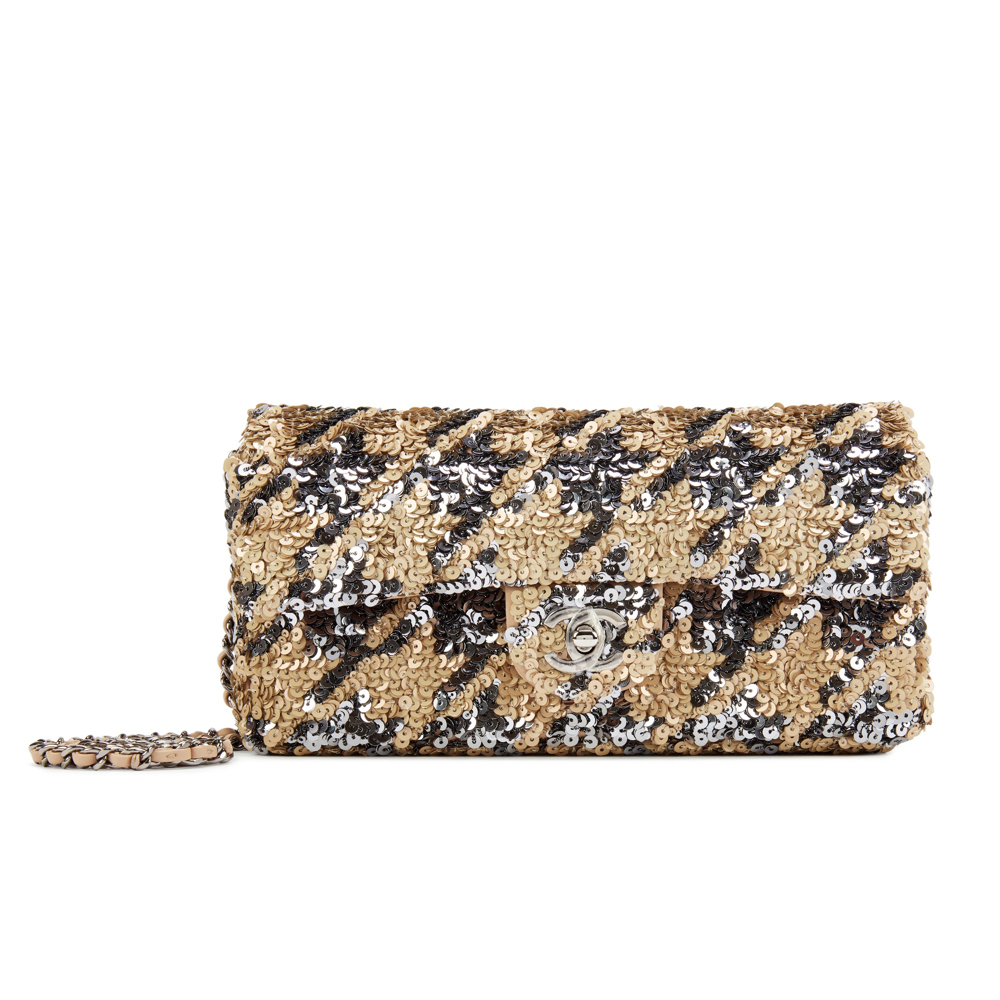 Beige and Gray Sequin and Lambskin East/West Single Flap Ruthenium Hardware, 2020