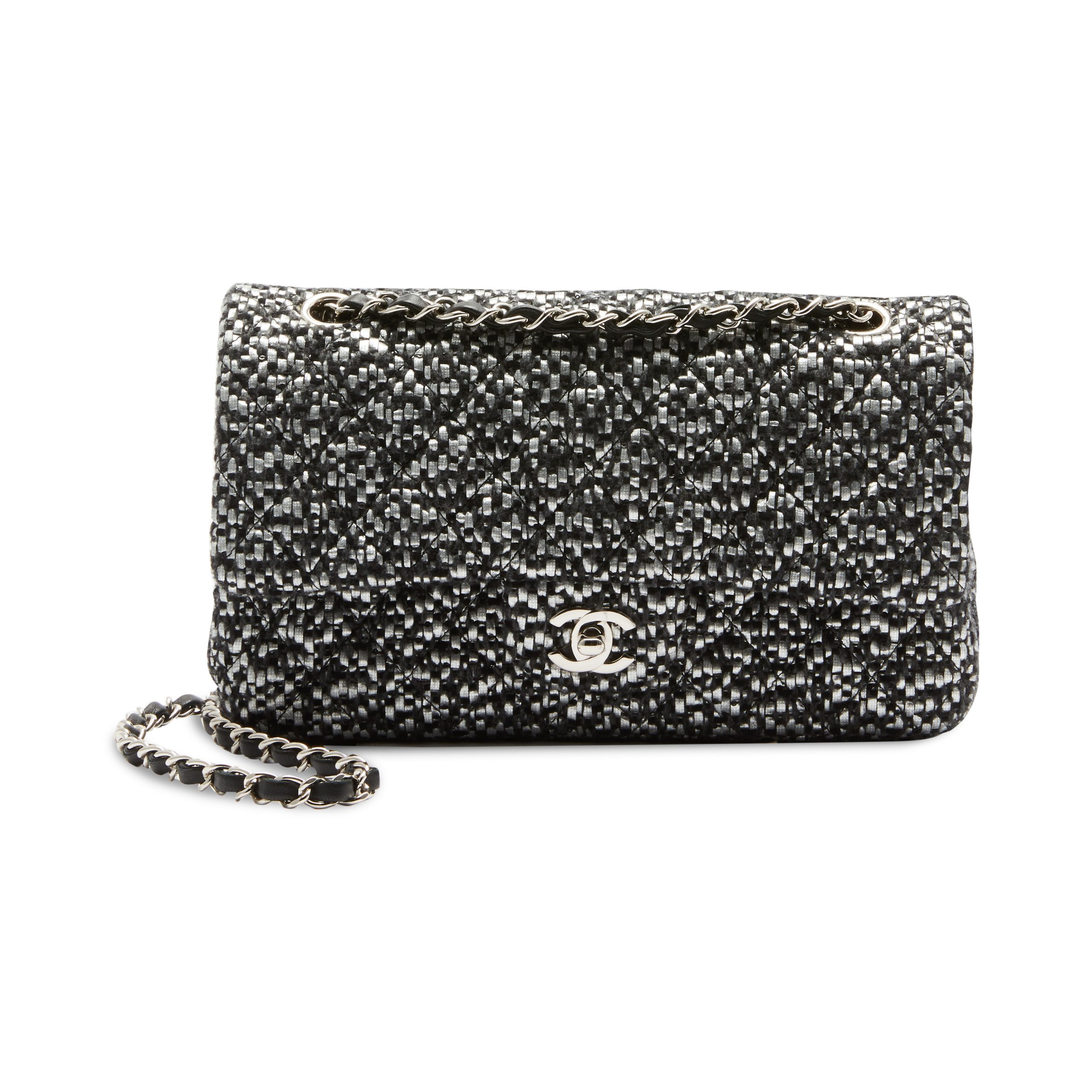 Black and Silver Tweed Double Flap Bag Silver Tone Hardware