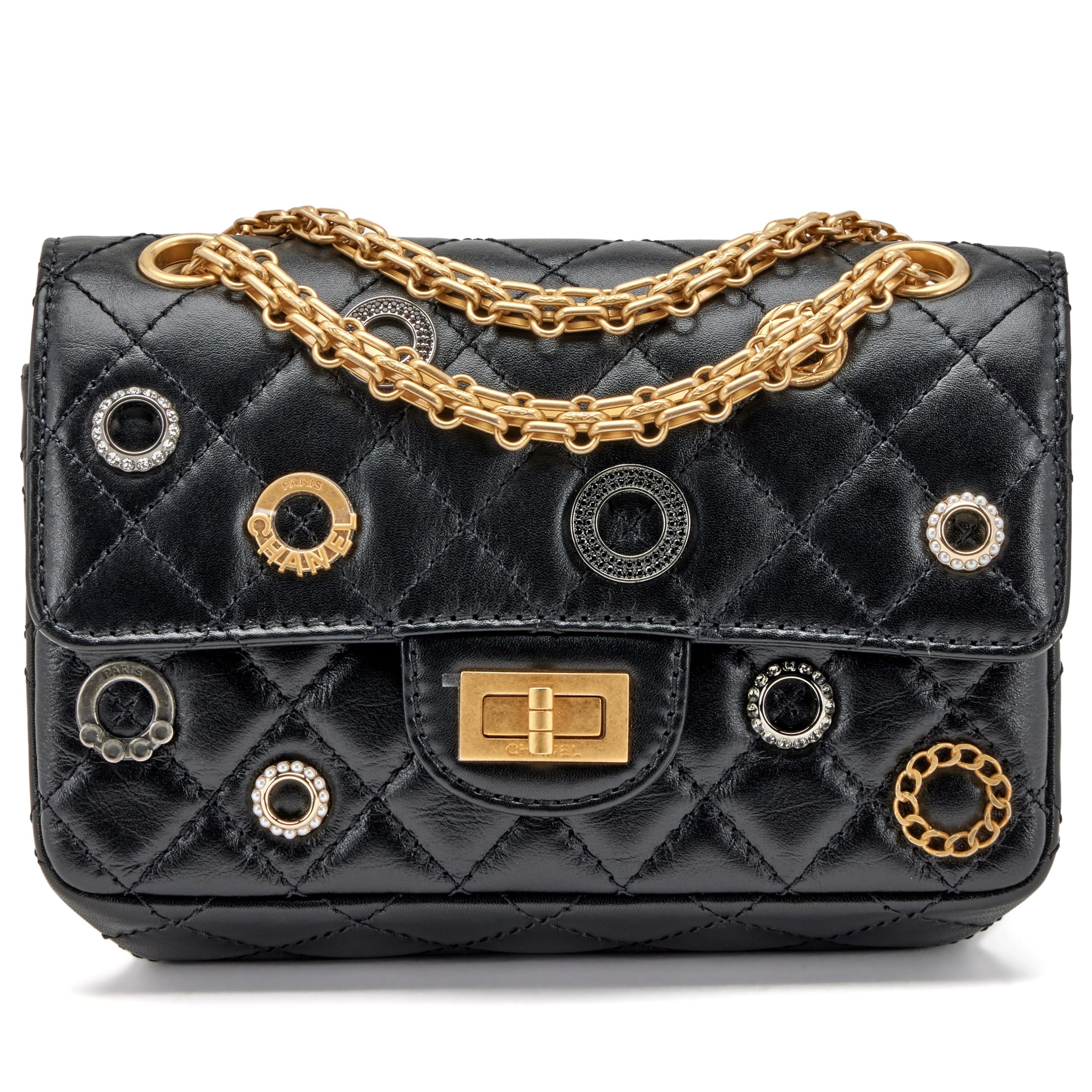 Black Aged Quilted Calfskin Crystal Charms 2.55 Reissue 224 Flap Gold Hardware, 2022