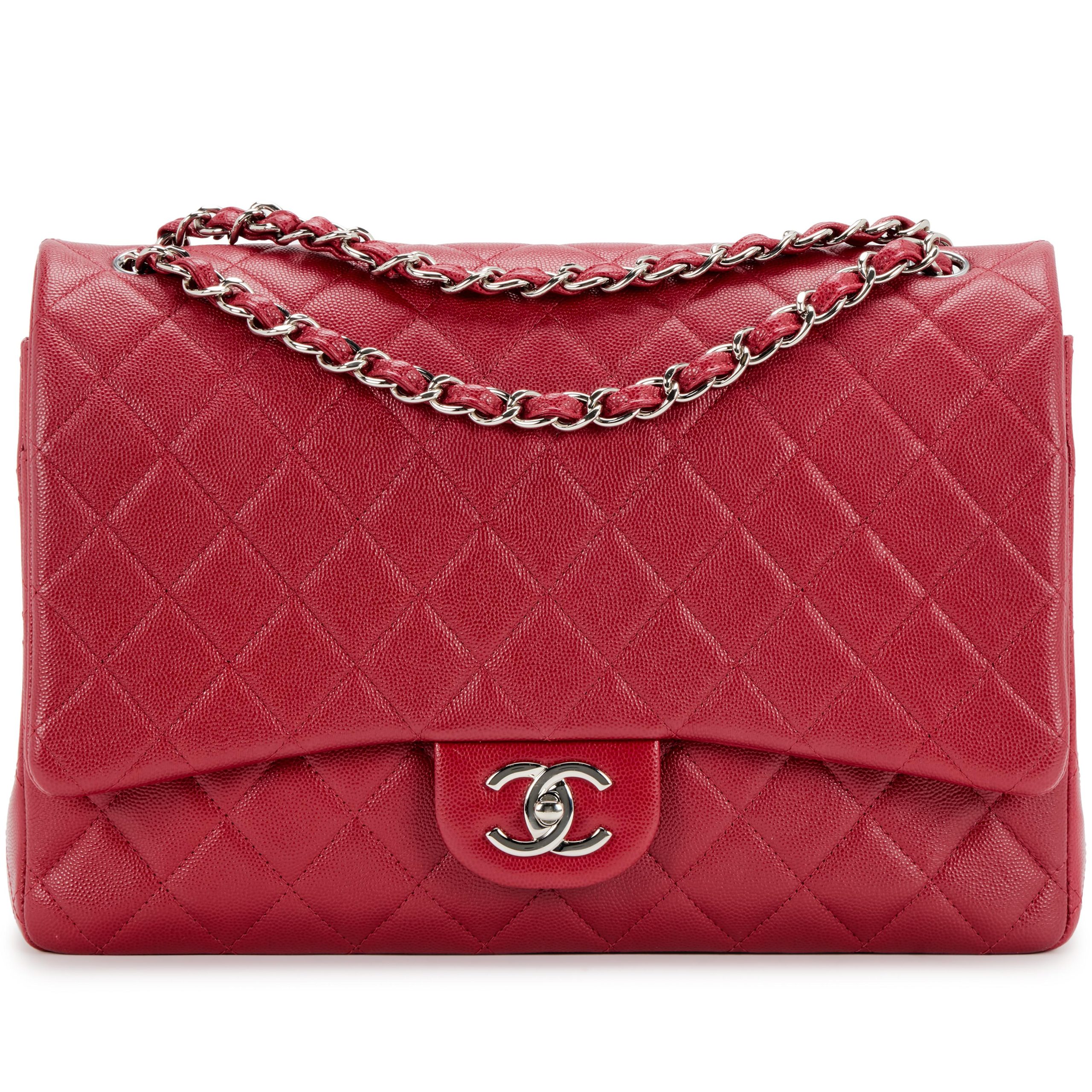 Red Quilted Caviar Maxi Classic Double Flap Silver Hardware, 2018-2019