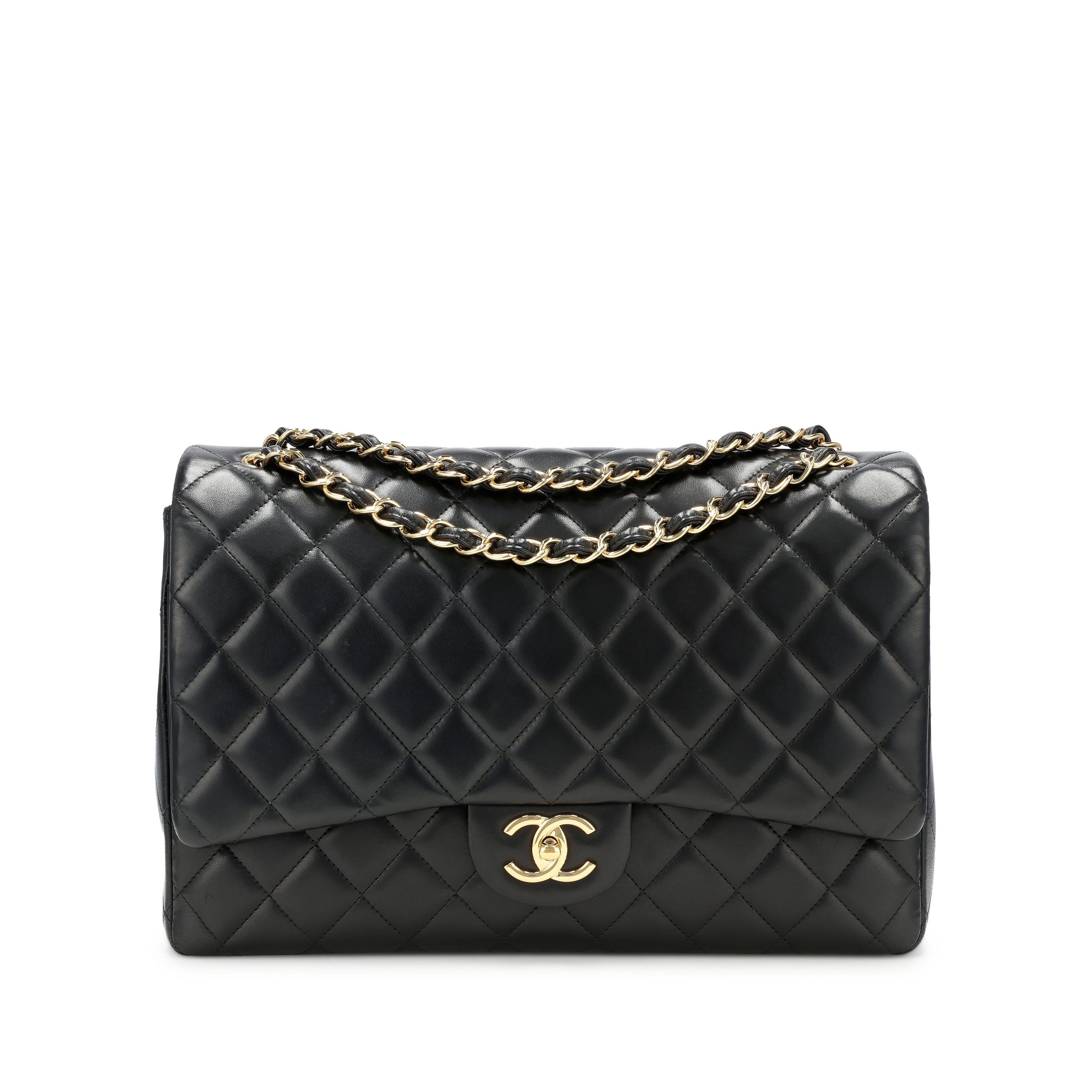 Black Quilted Lambskin Maxi Classic Double Flap Gold Hardware, 2015-2016