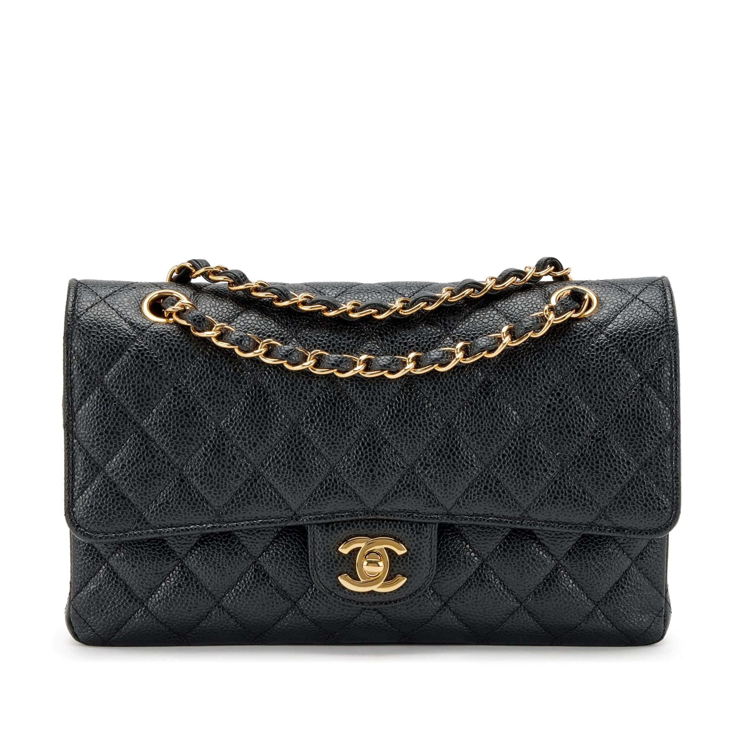 Black Quilted Caviar Medium Classic Double Flap Gold Hardware, 2022