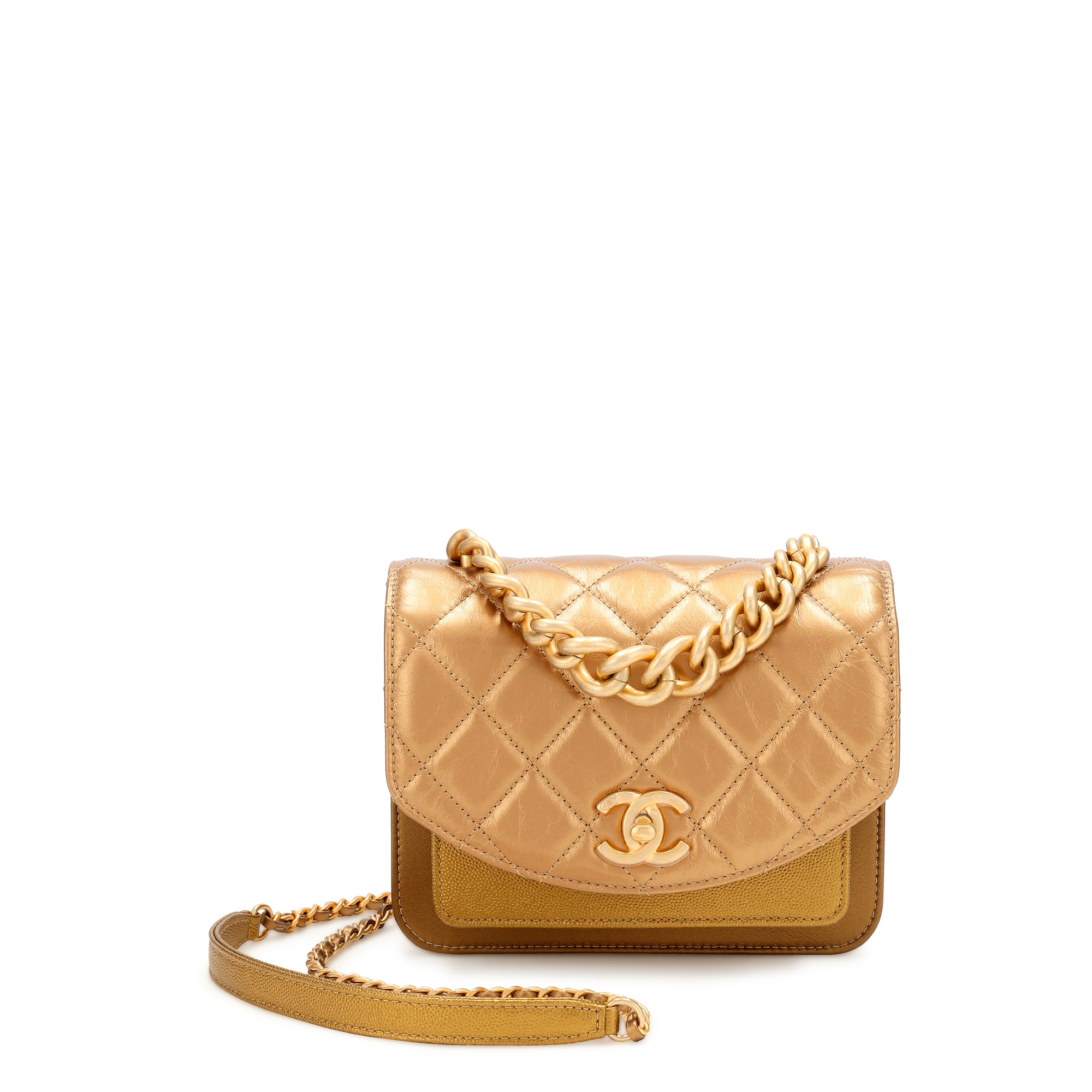 Gold Quilted Calfskin and Caviar Mini Chain Handle Flap Gold Hardware, 2019