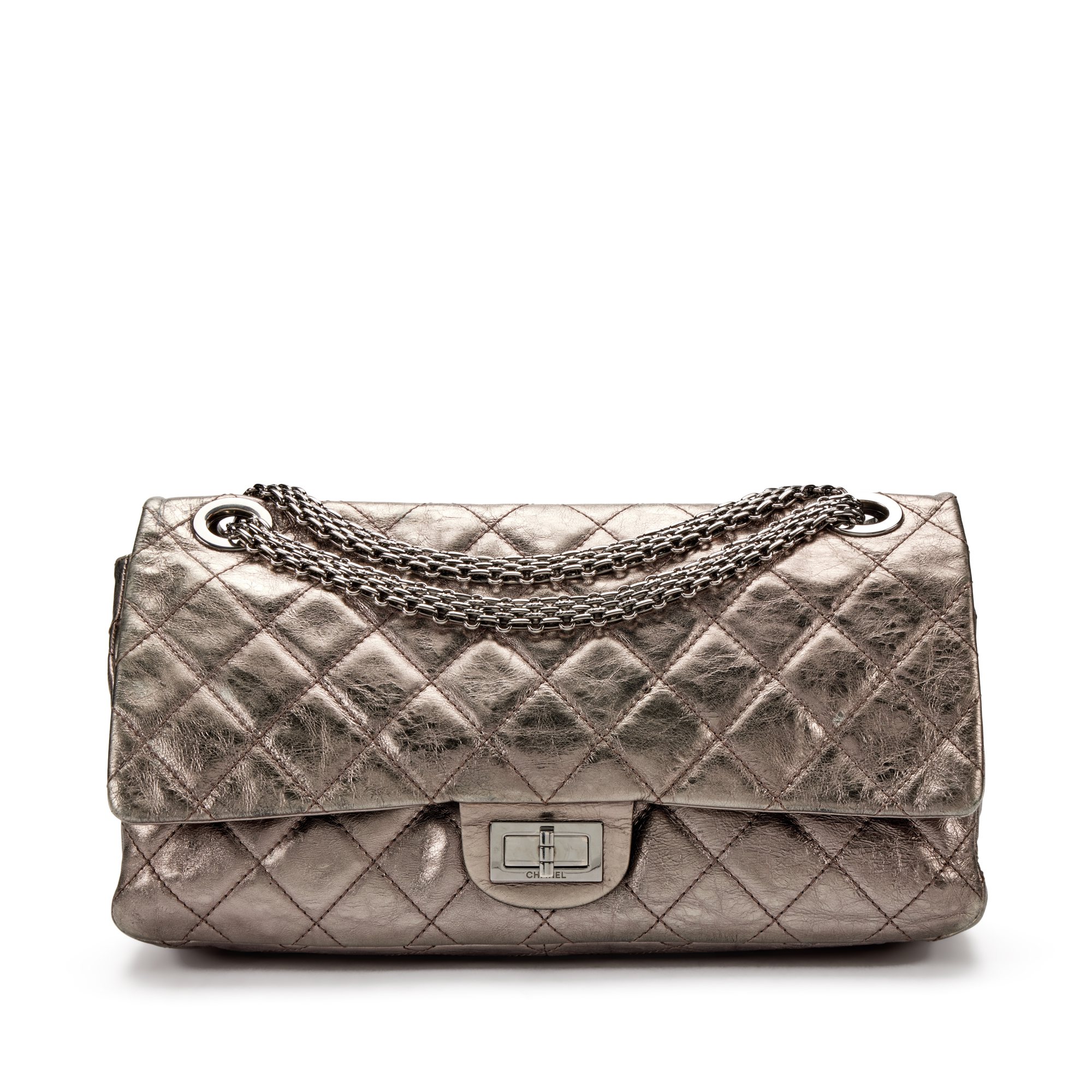 Pewter Quilted Aged Calfskin 2.55 Reissue 228 Double Flap Ruthenium Hardware, 2008-2009