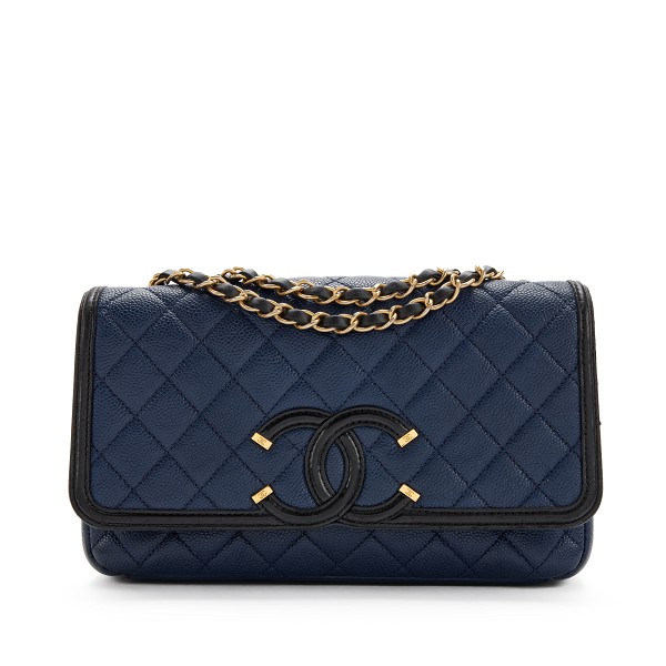 Navy Quilted Caviar and Black Lambskin Medium CC Filigree Flap Bag Gold Hardware, 2017