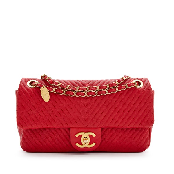 Red Chevron Quilted Distressed Calfskin Medium Classic Single Medallion Flap Gold Hardware, 2015