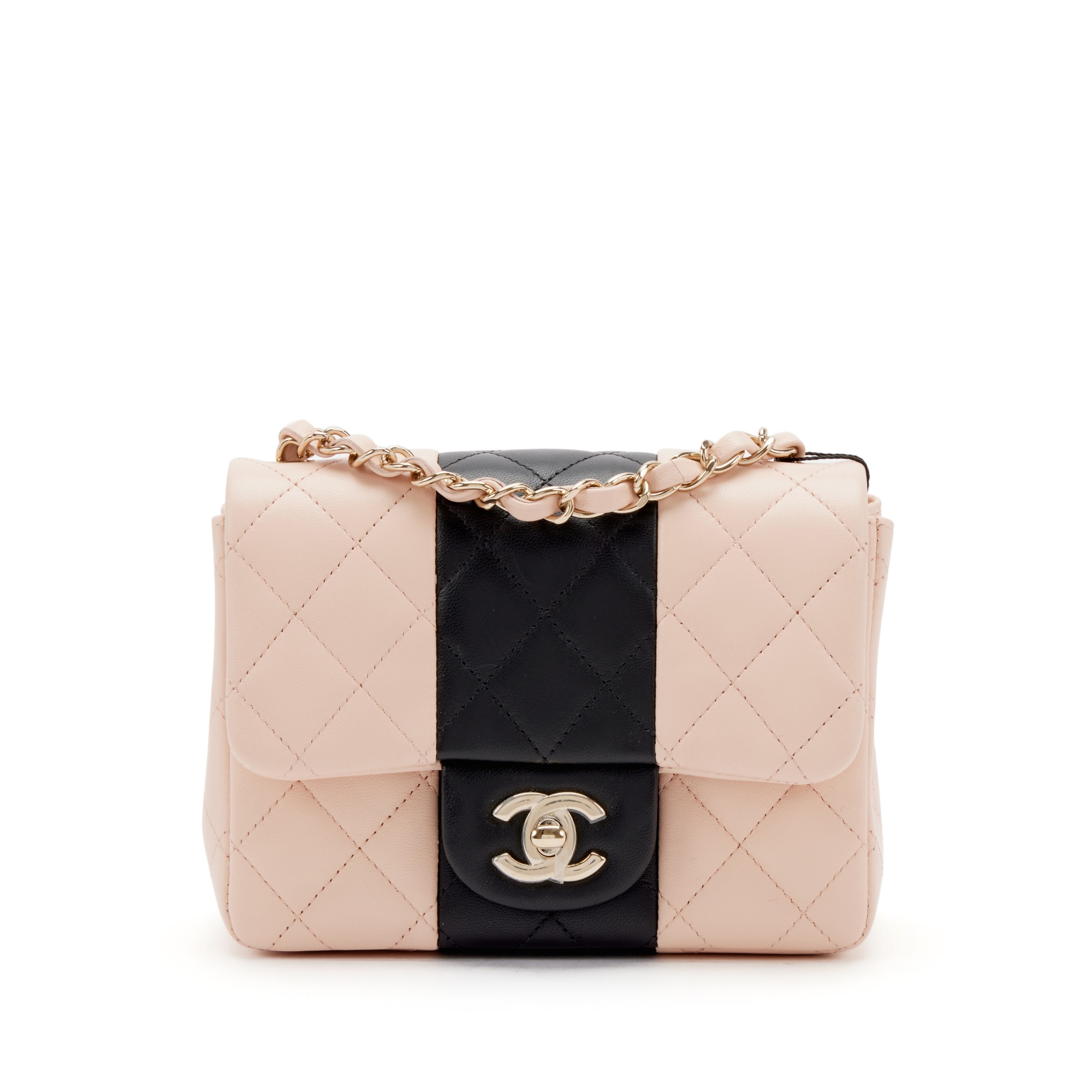 Pink and Black Quilted Lambskin Mini Square Classic Single Flap Gold Hardware, 2022